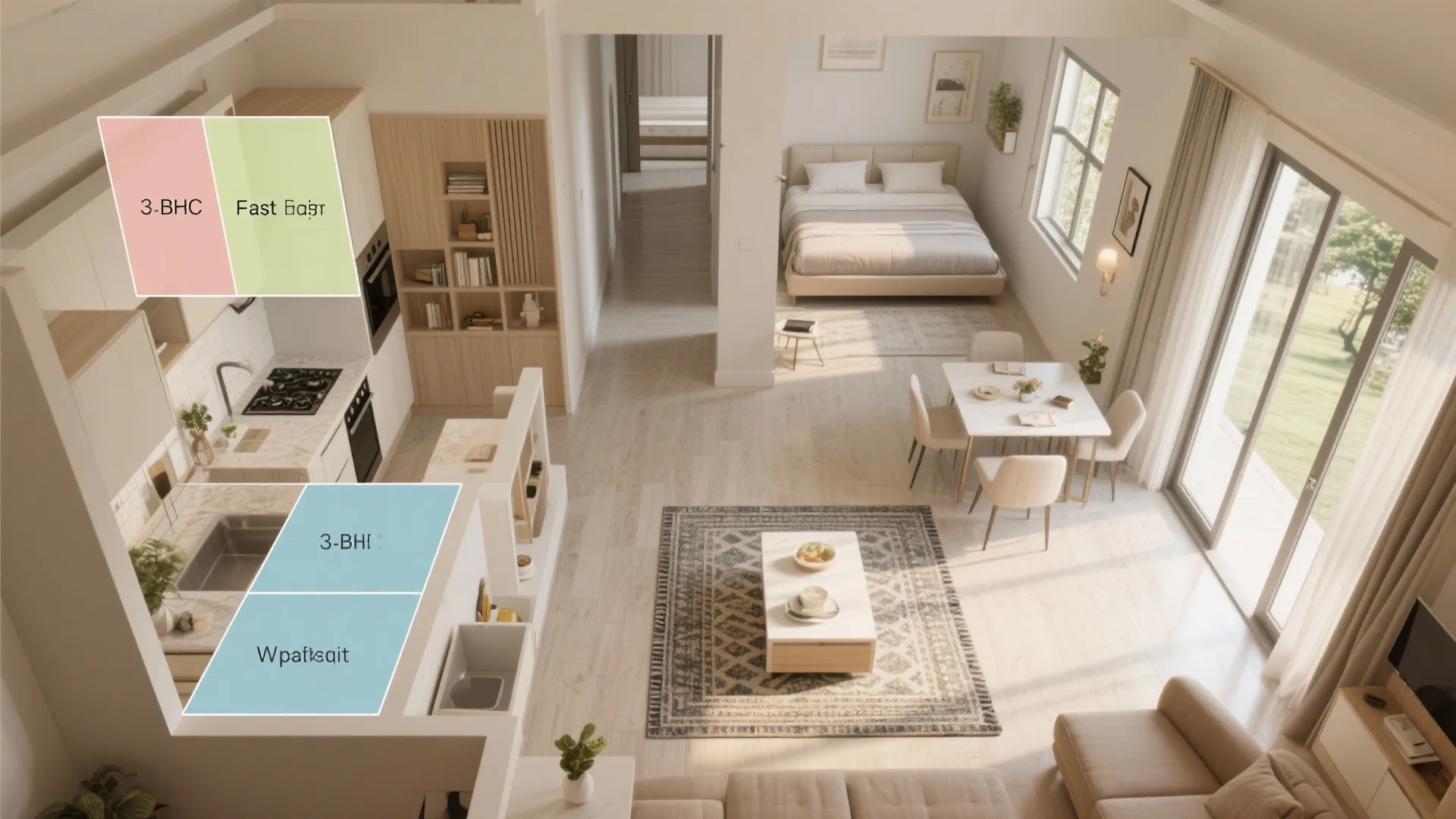 Top-down zoning view with bright east kitchen-dining and private bedrooms set back