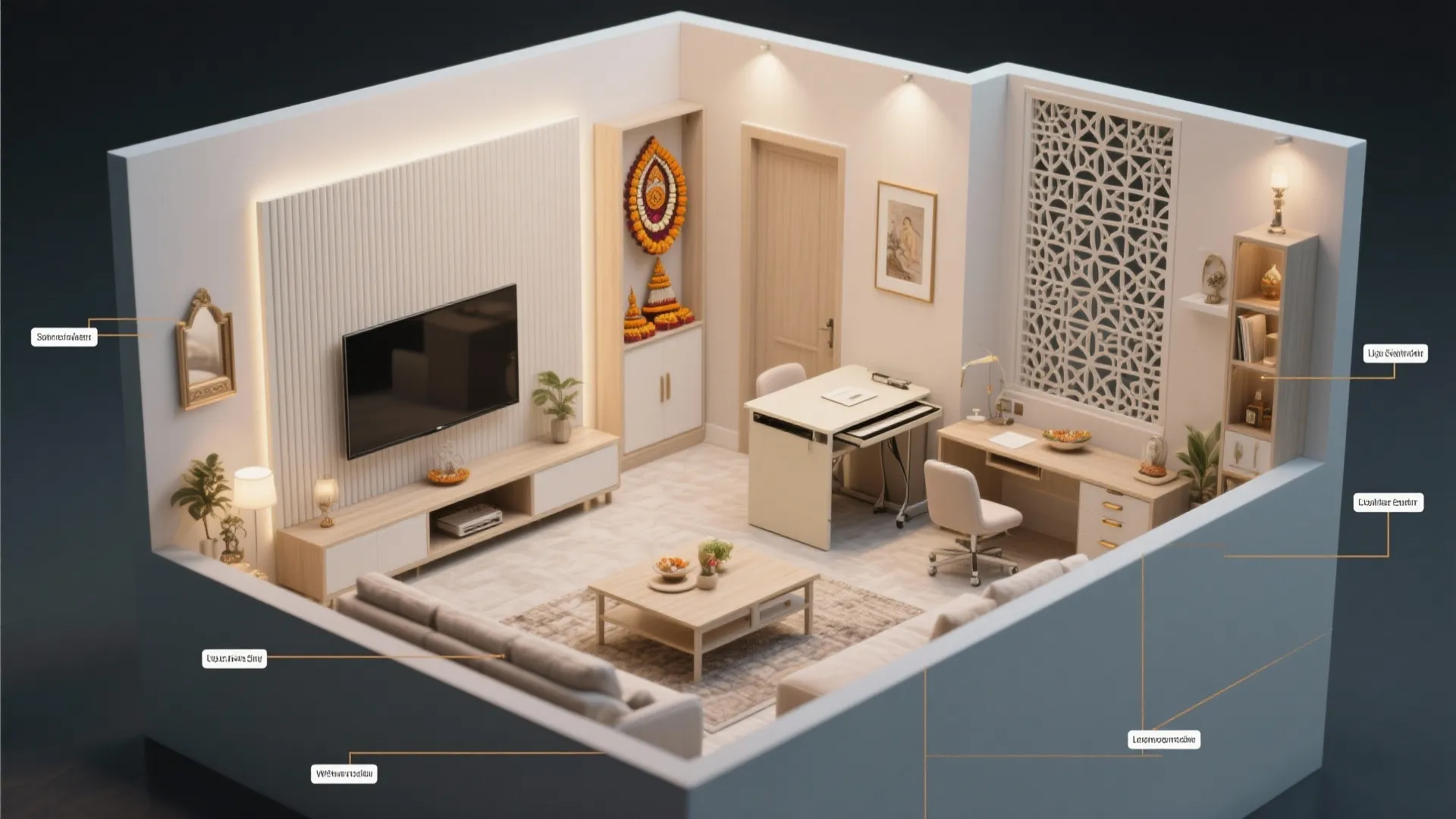 Top-down zoning plan of a small living room showing TV area, fold-down desk, puja corner, and circulation.