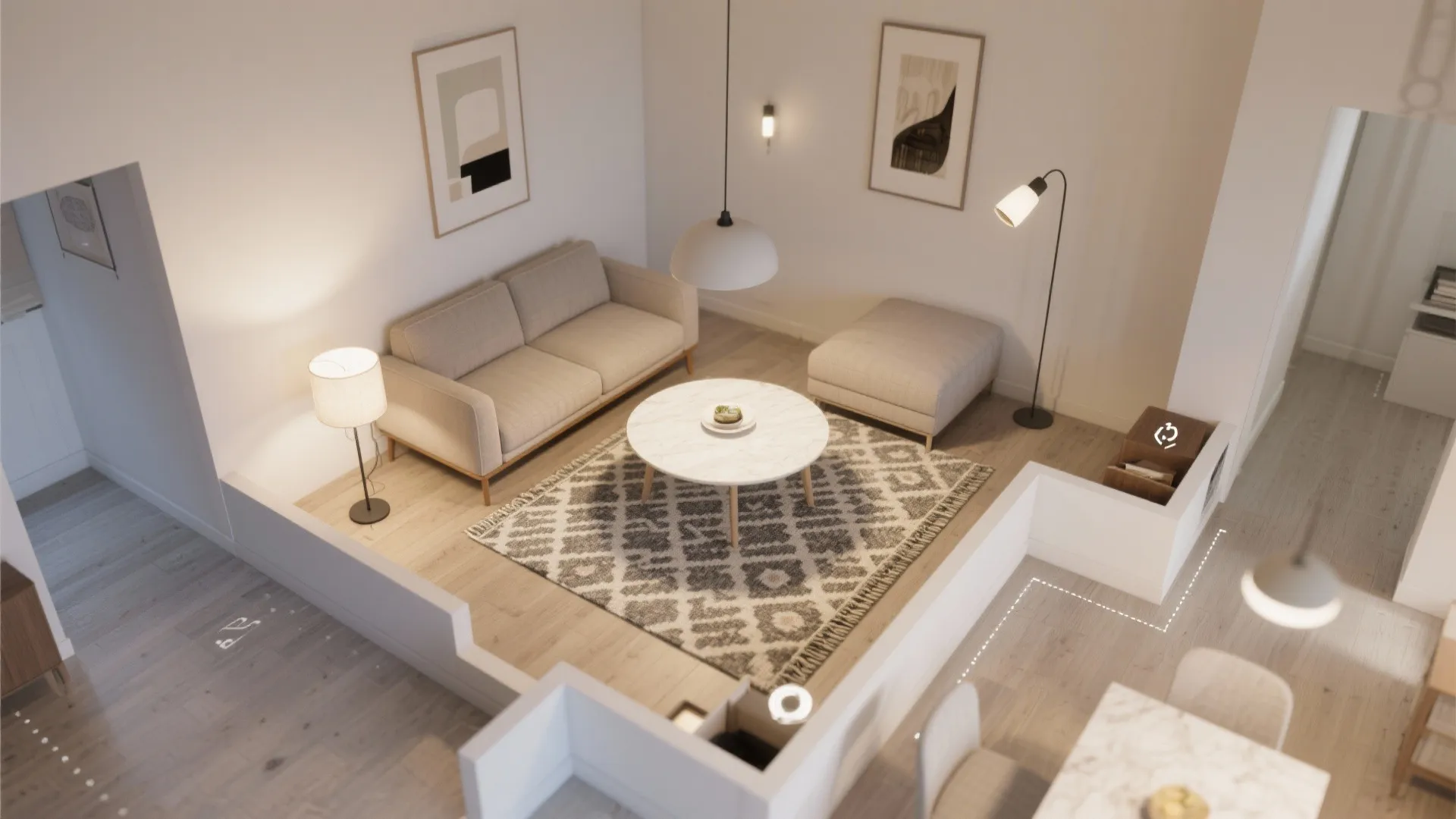 2) Zoning with Rugs, Pendants, and Sightlines