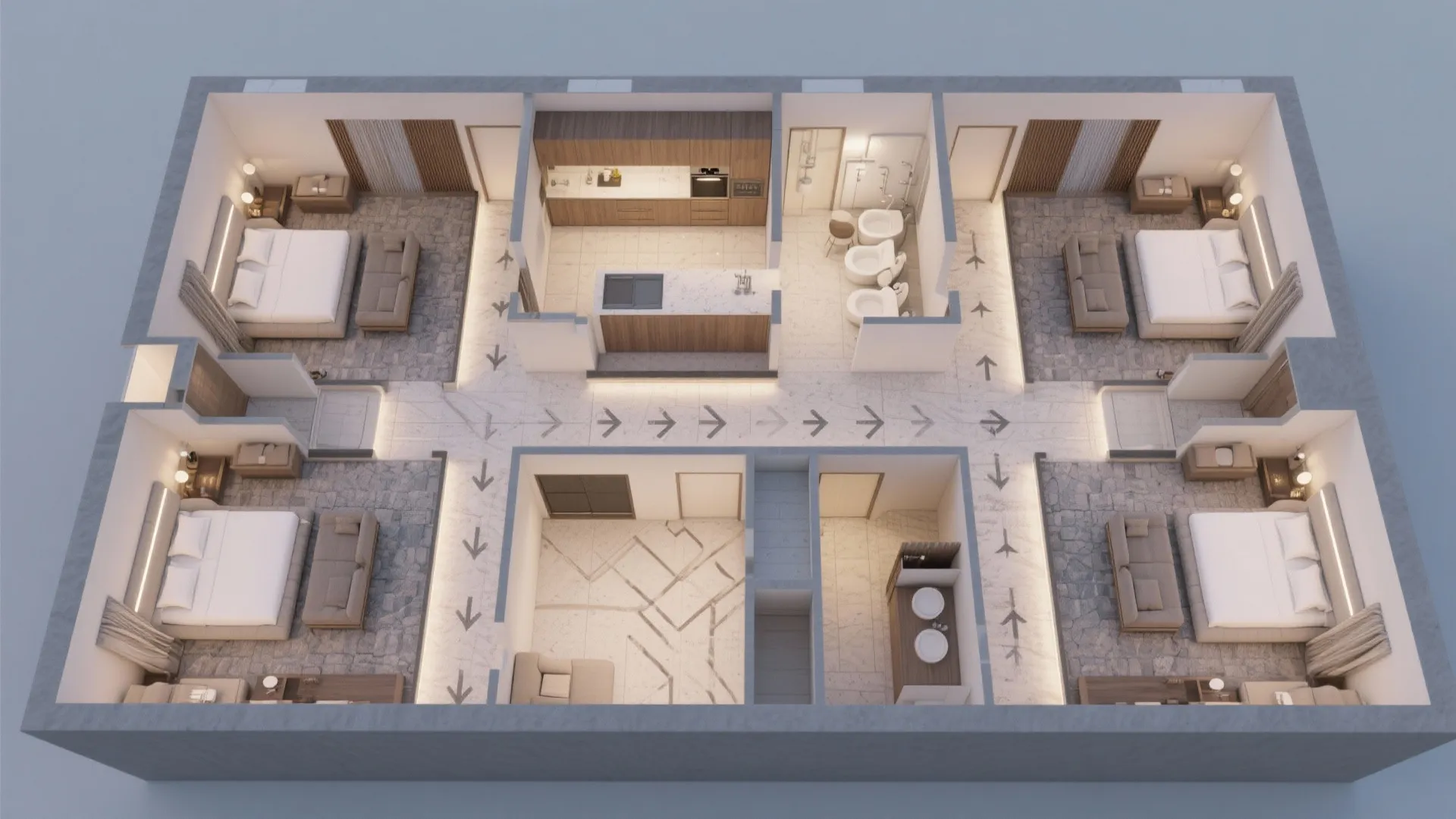 Top-down plan view showing two zoned suite wings and a central service core.