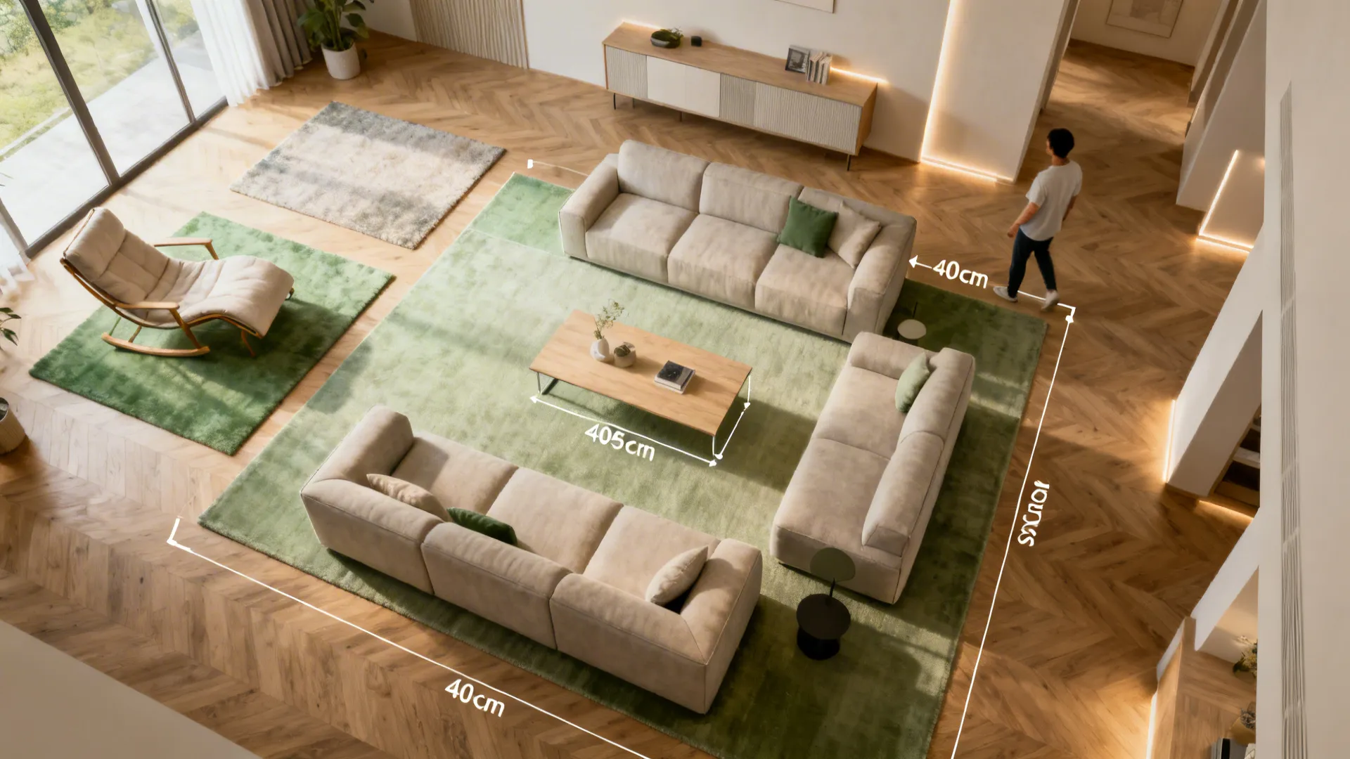 Top-down view of a large living room divided into conversation, reading, and flexible zones using rugs.