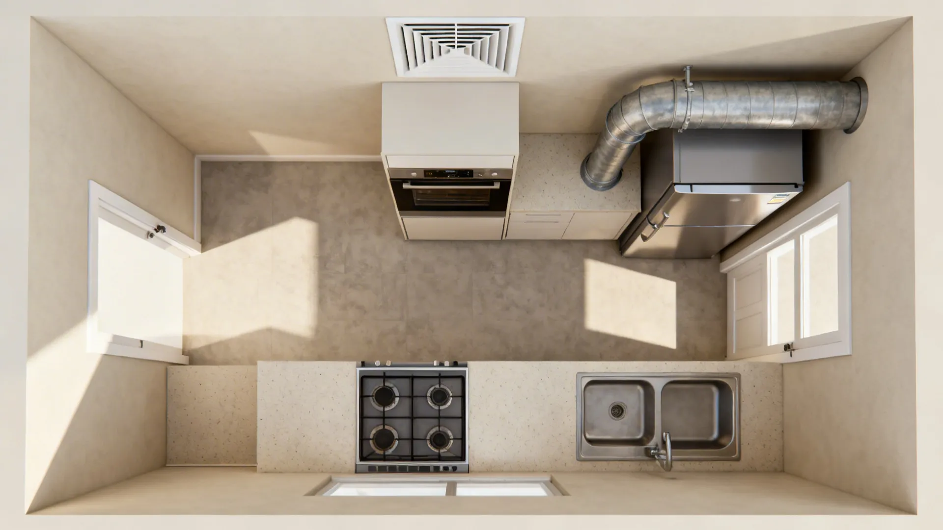 Top-down plan of appliance zoning with chimney duct kept short and straight.