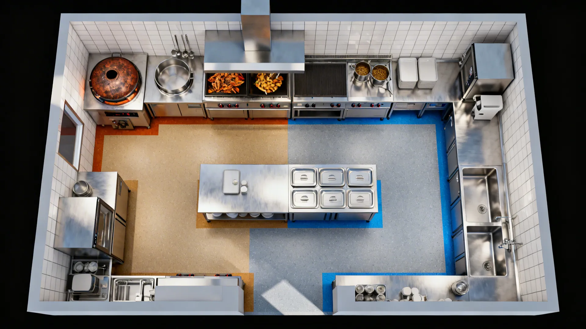 Top-down view of hotel kitchen zones separating hot line, cold prep, and dishwashing.