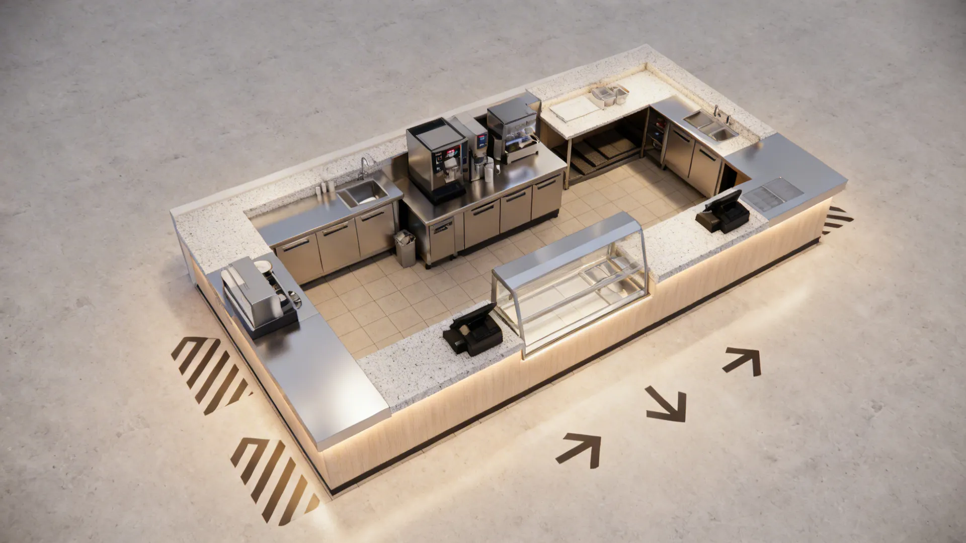 Top-down layout of a kiosk with order, pay, and pickup zones and efficient backline circulation.