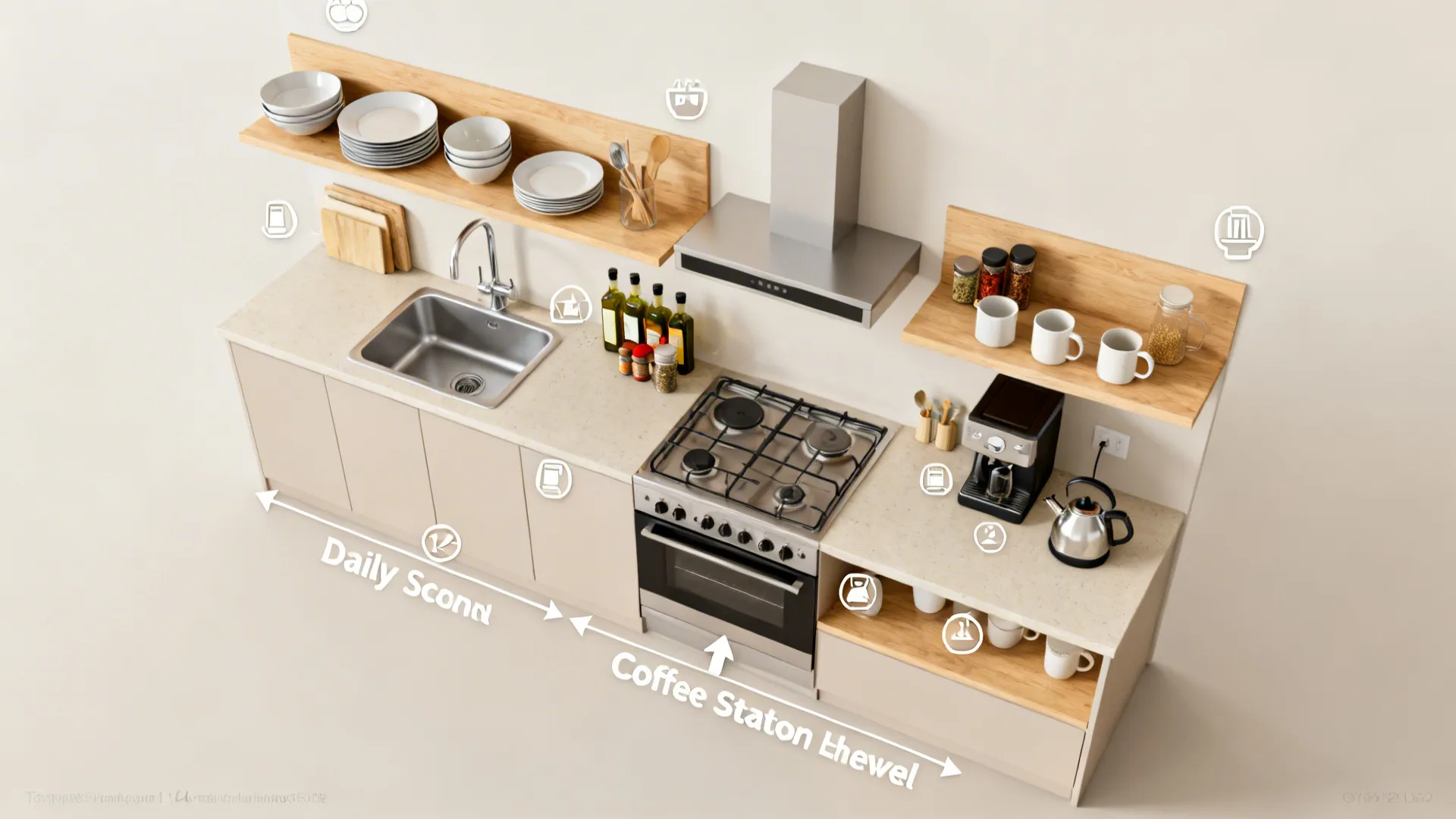 Top-down view mapping small kitchen open-shelf zones for sink, cook, and coffee areas.
