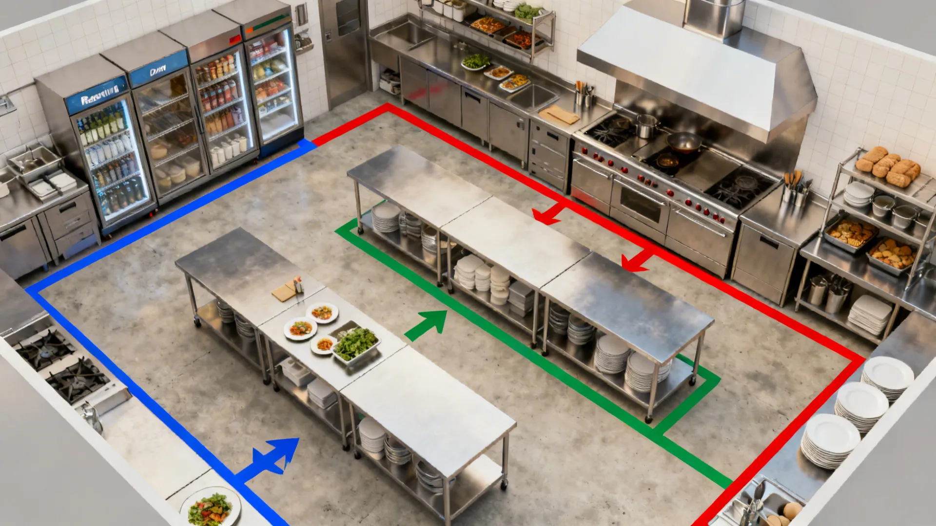 Overhead view of a small commercial kitchen plan with color-coded zones and linear workflow arrows.