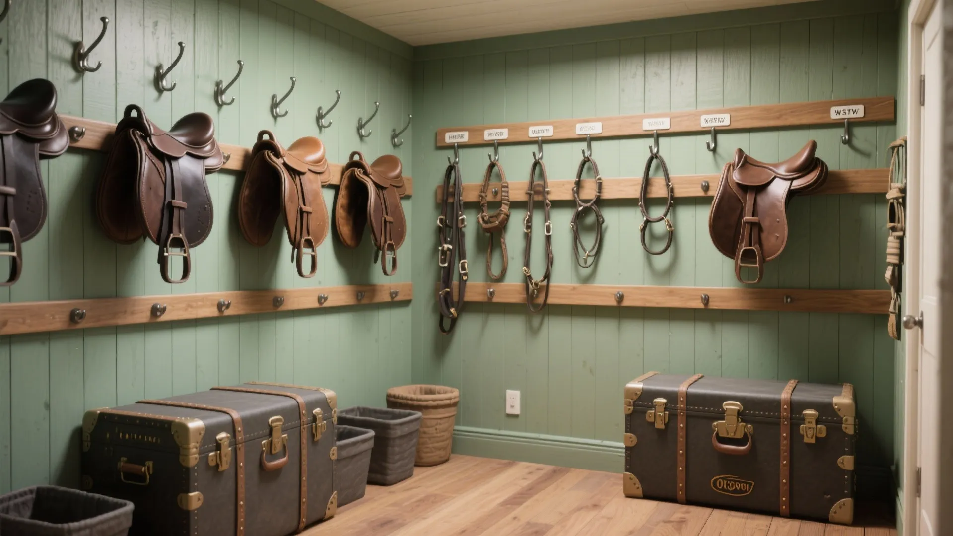 Green wall paneling in a tack room with horse saddles and leather trunks on wood floors