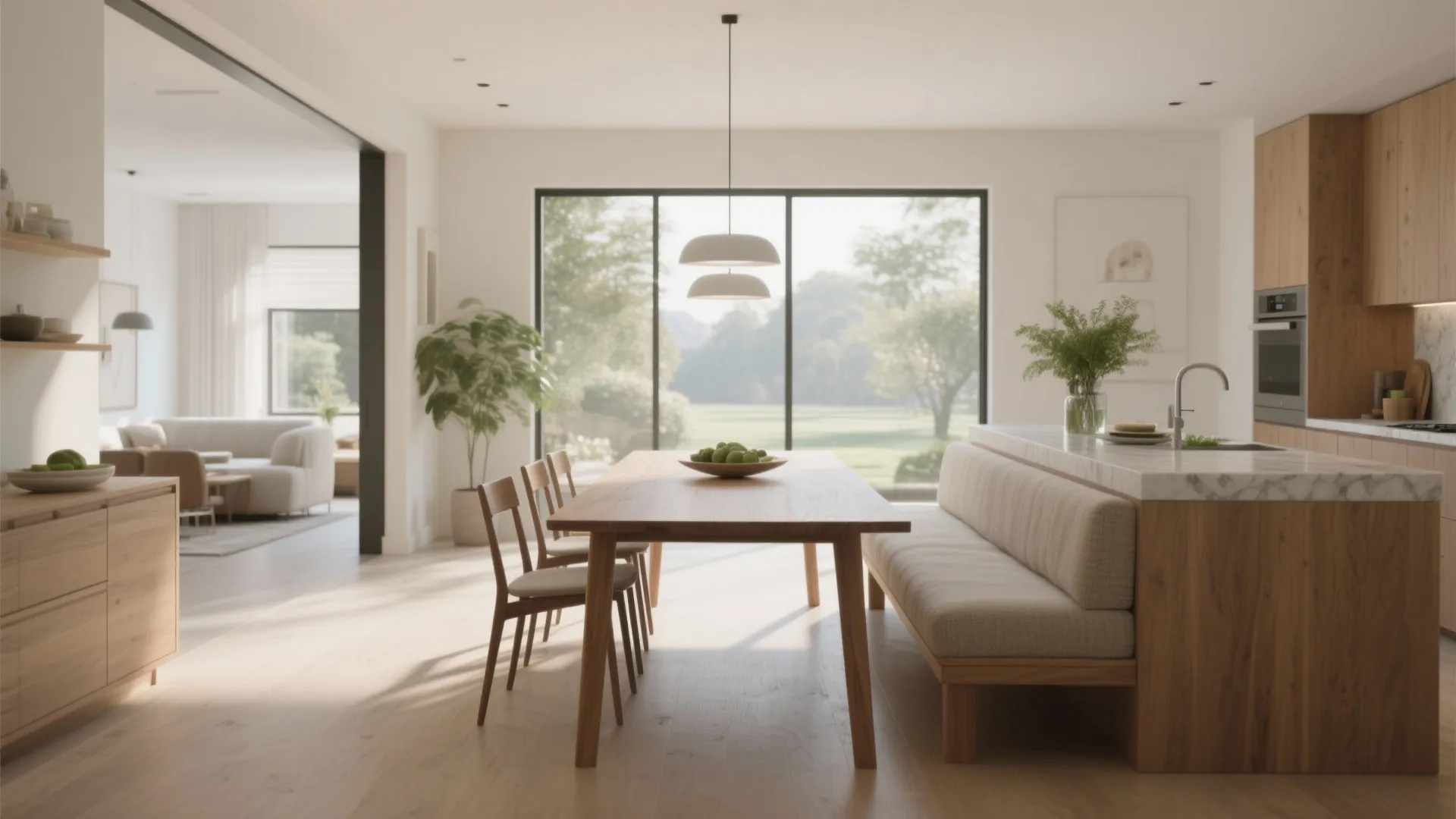 Modern open dining area with wooden table long bench seat white ceiling light and garden view