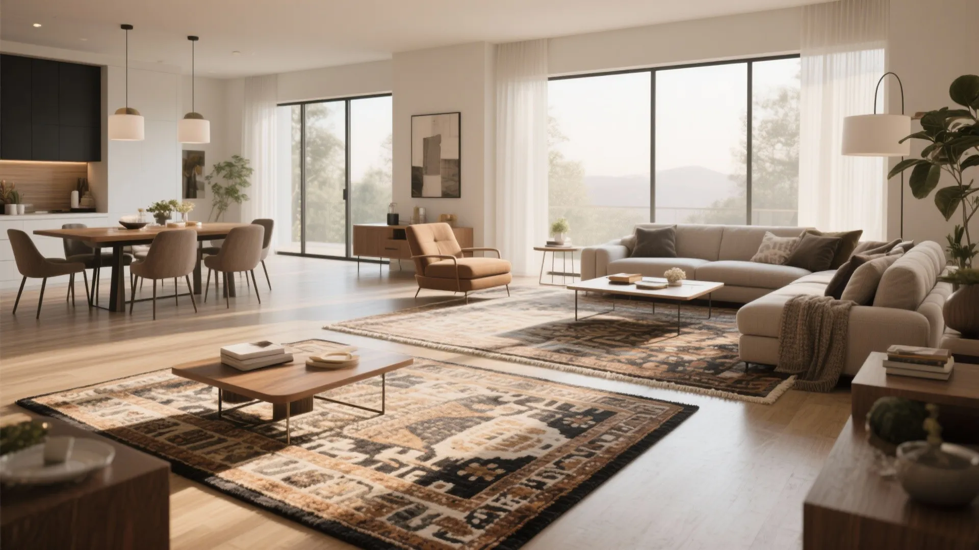 Modern open living room with two patterned rugs defining dining area and comfortable sofa seating space
