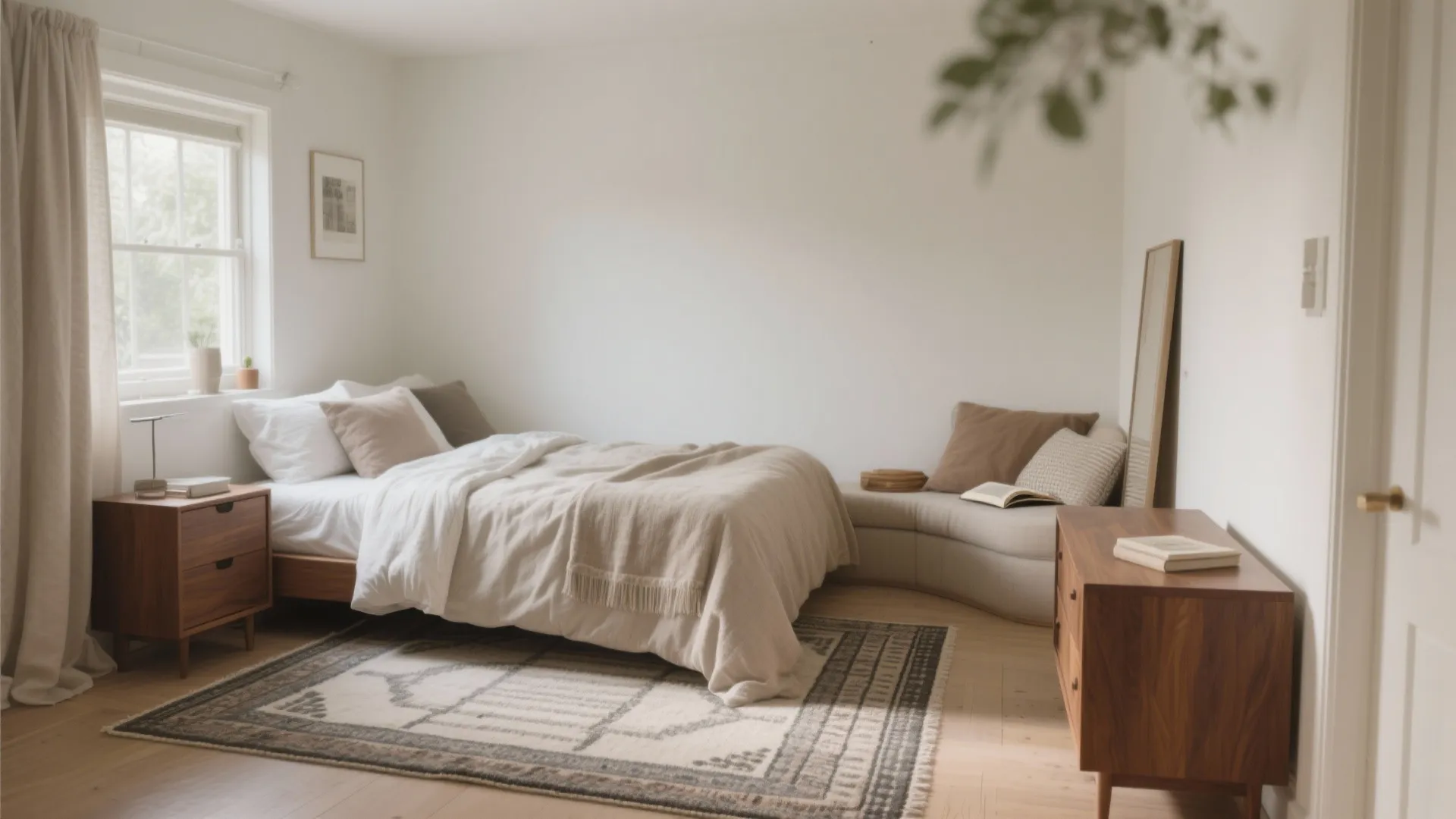 Cozy minimalist bedroom with patterned floor rug and wooden side tables under bright natural light