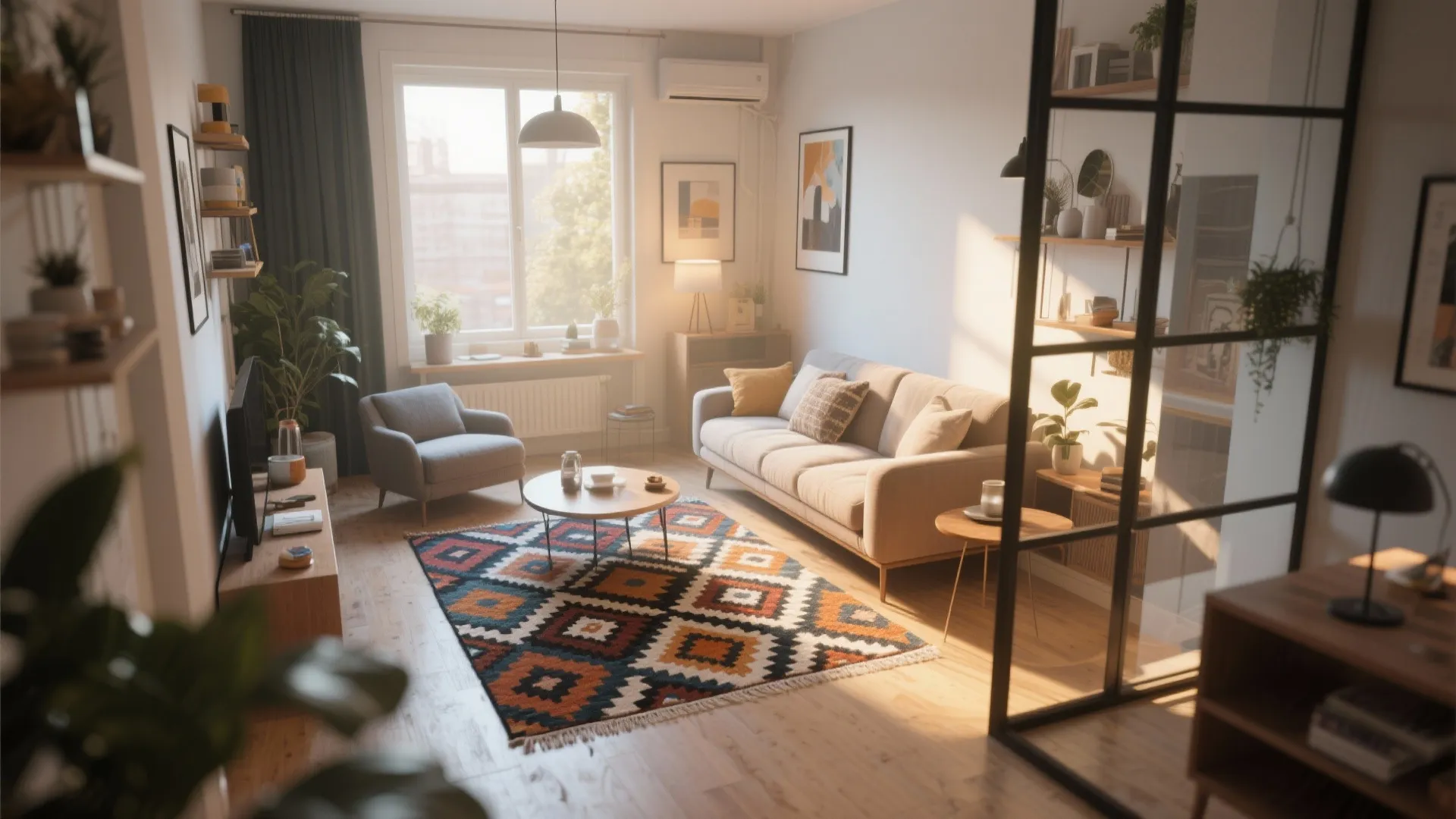 Bright living room with grey sofa wooden coffee table colorful rug ceiling light and glass partition