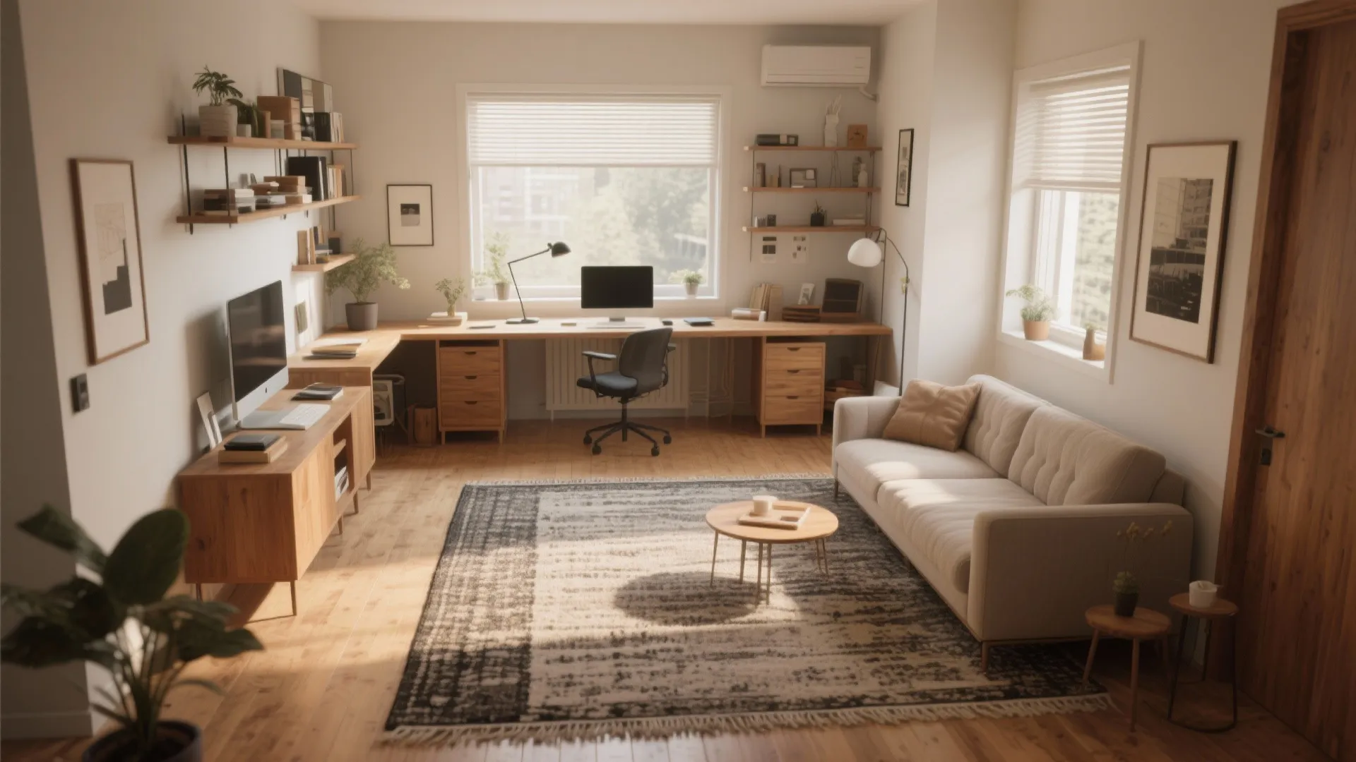 Large open living room featuring a patterned rug under a white sofa and coffee table