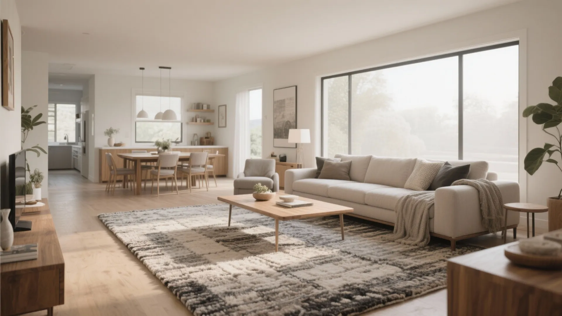 Open plan living area with rugs defining separate zones