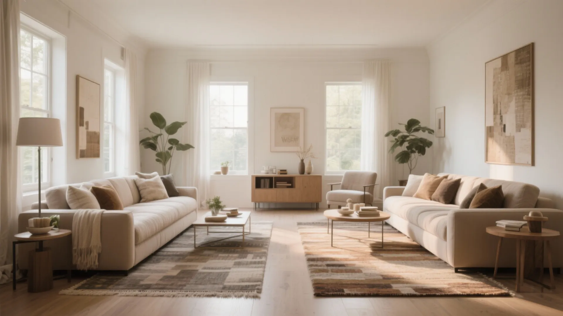 Symmetrical living room featuring two beige sofas on separate patterned rugs with a wooden cabinet