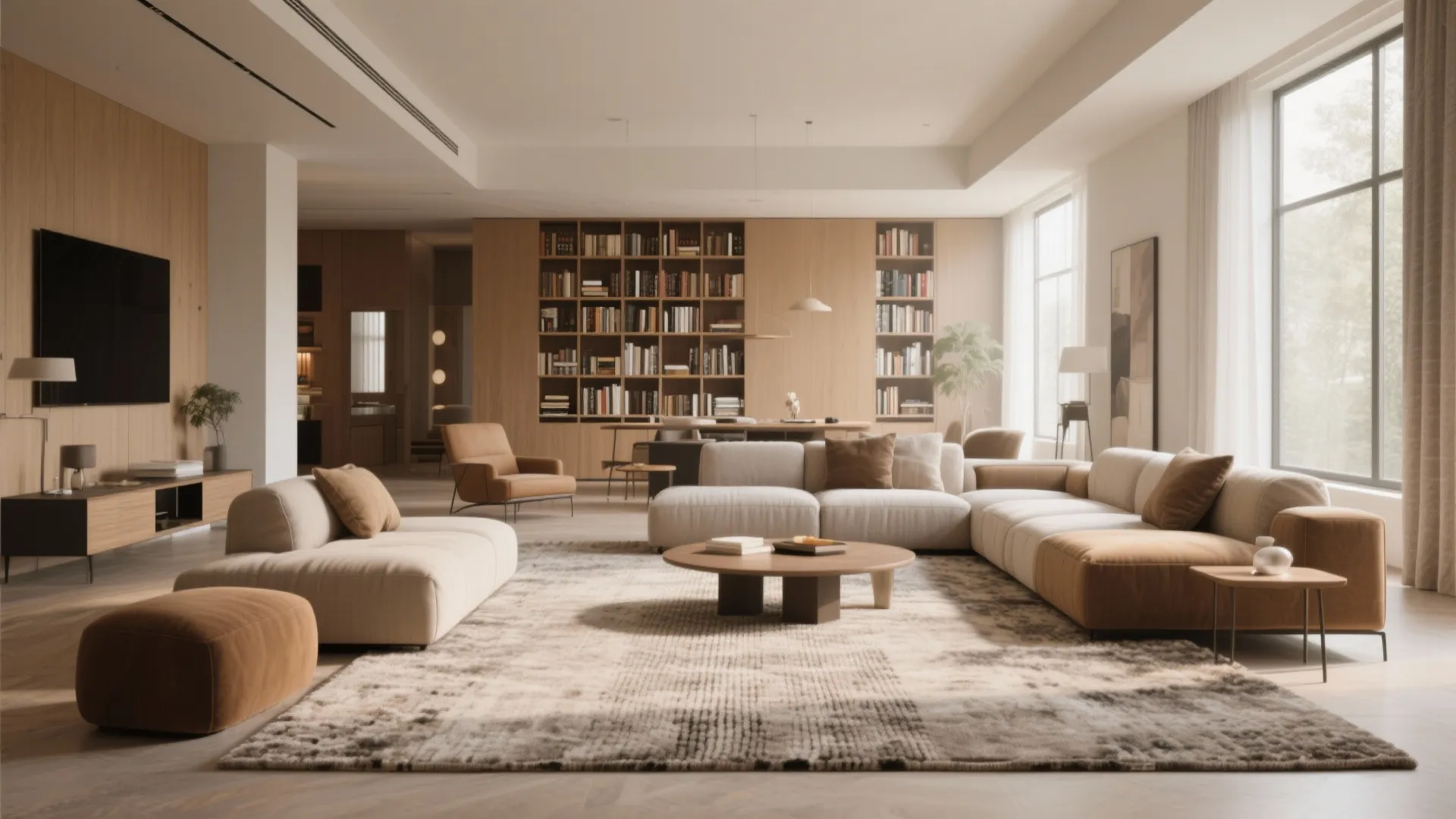 Spacious living area with large sectioned rug neutral sofa wooden bookshelf and big bright windows