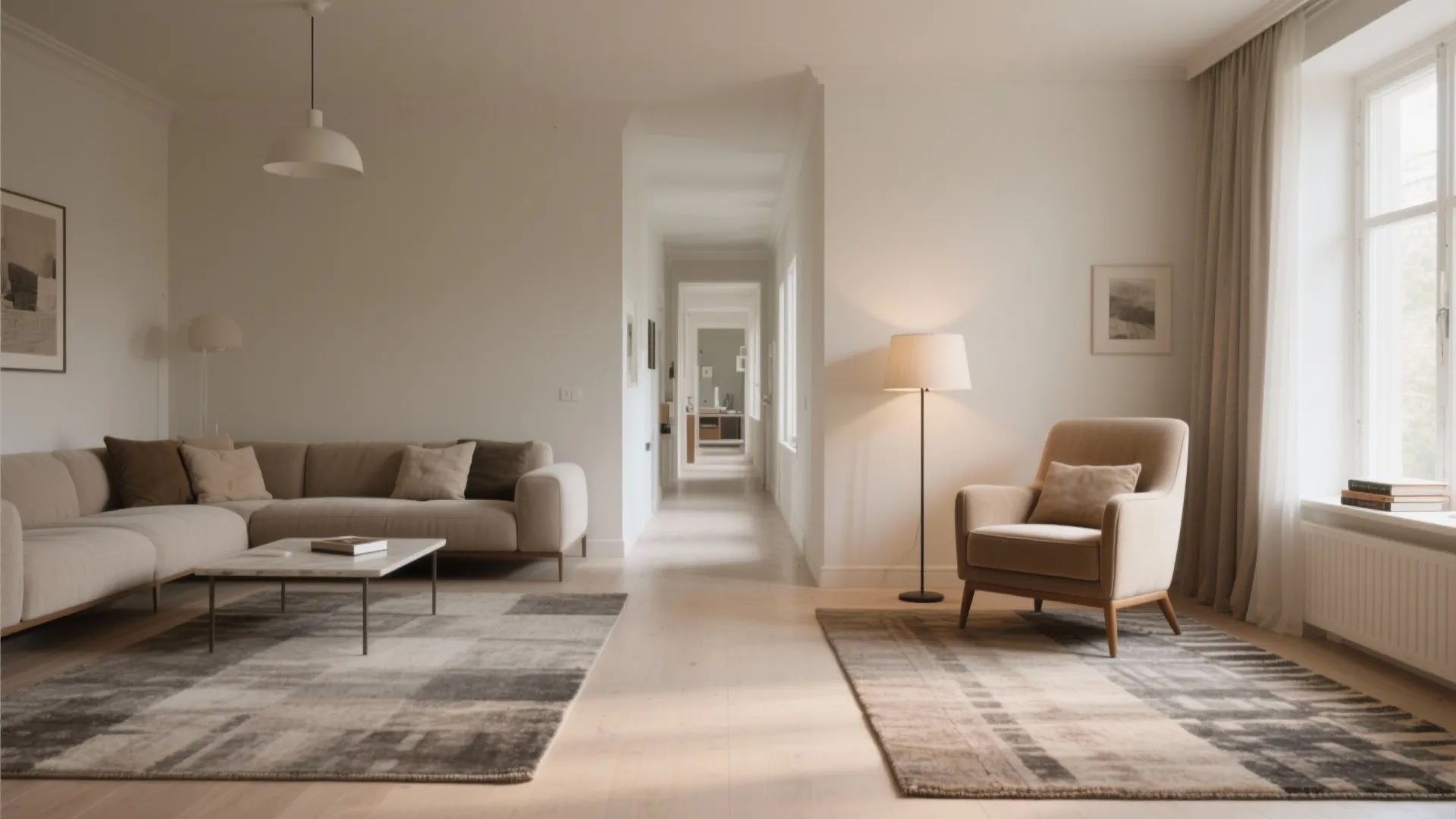 Spacious interior with separate floor rugs for sofa and armchair creating distinct zones within room