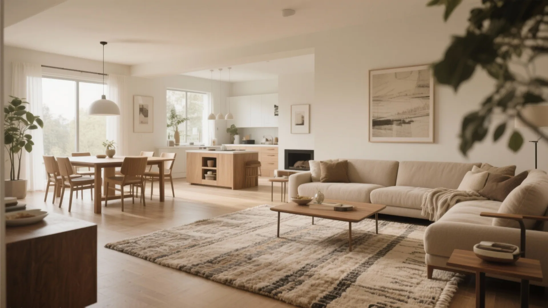 Spacious living area with a large patterned rug light sofa and wooden kitchen island counter