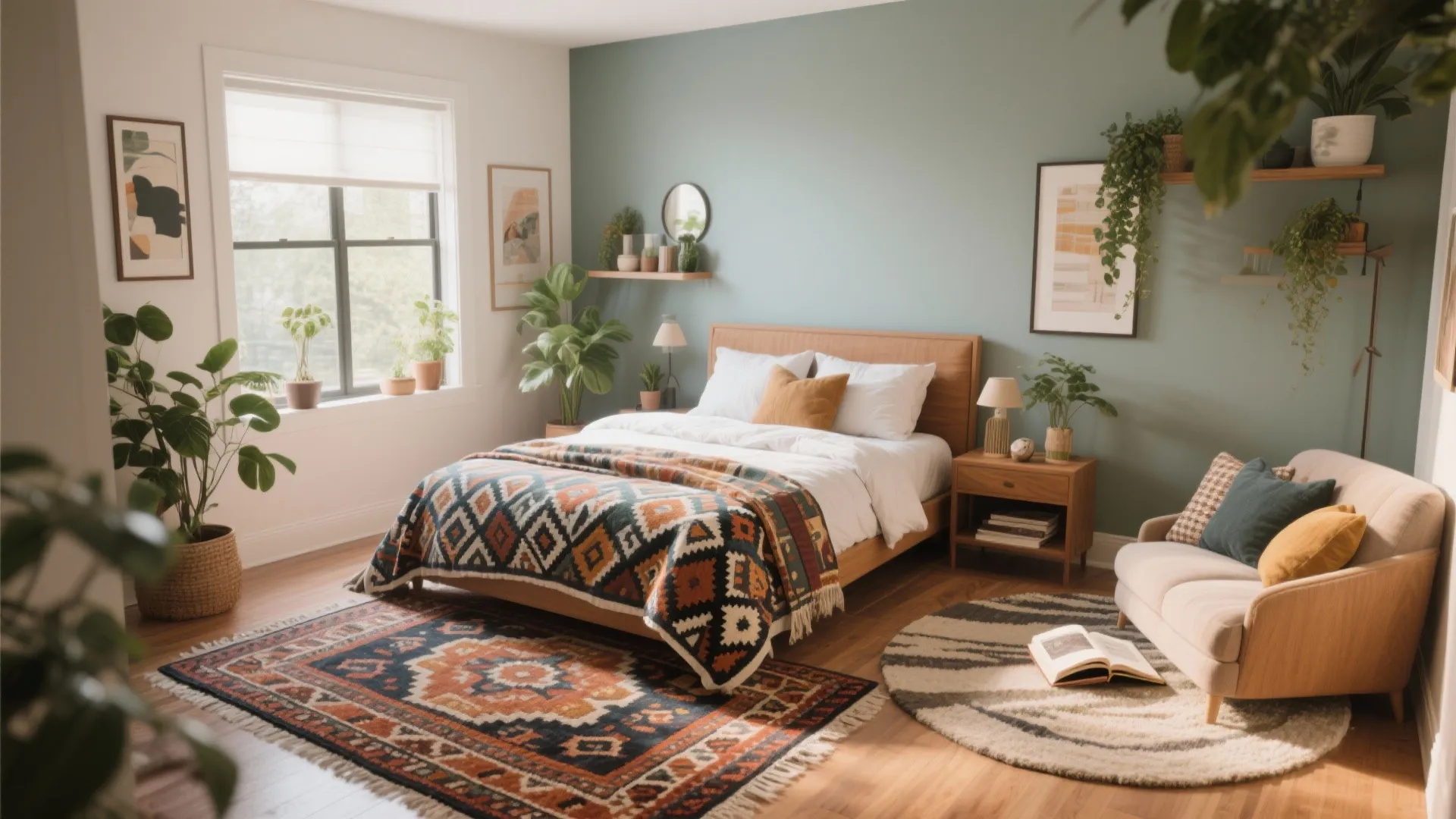 Bohemian bedroom with blue accent wall patterned rugs wooden bed small sofa and many plants