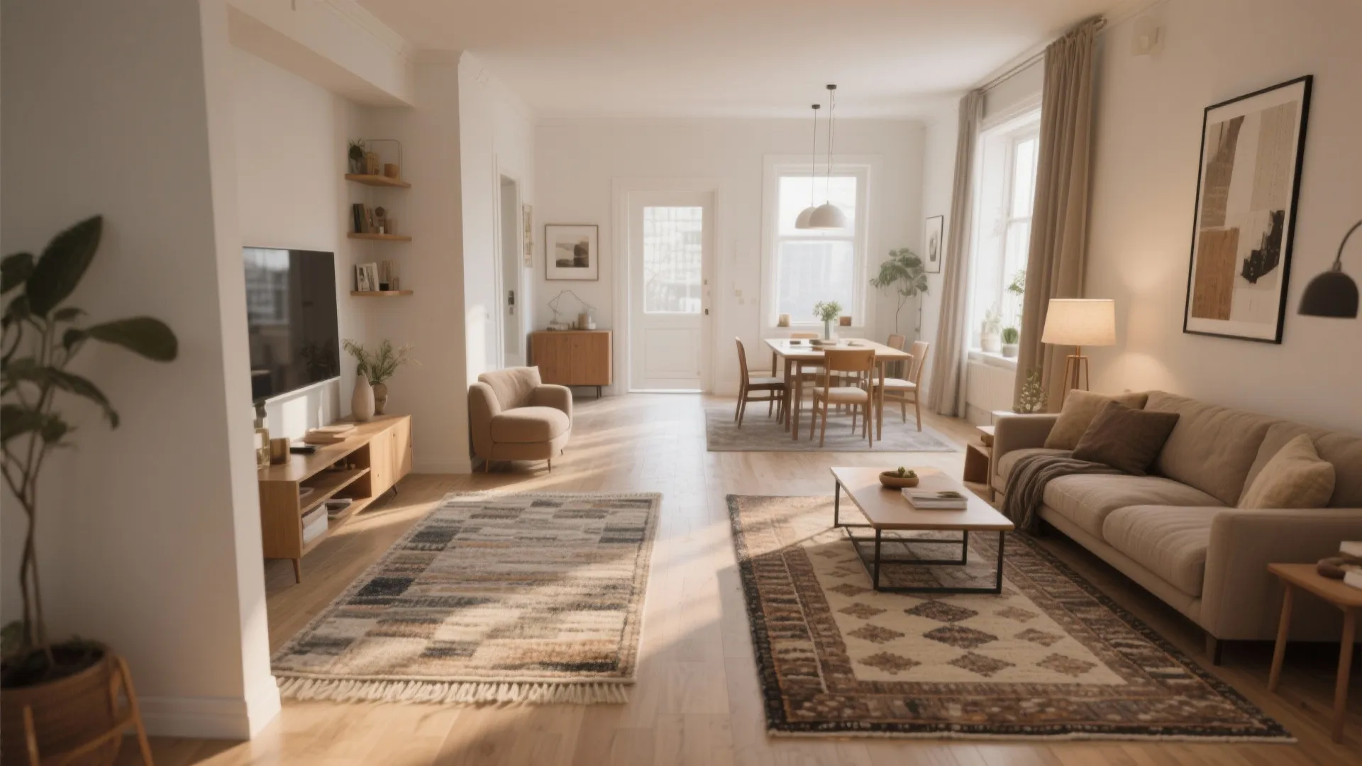 Open plan living and dining room layout using patterned rugs to define different functional seating areas