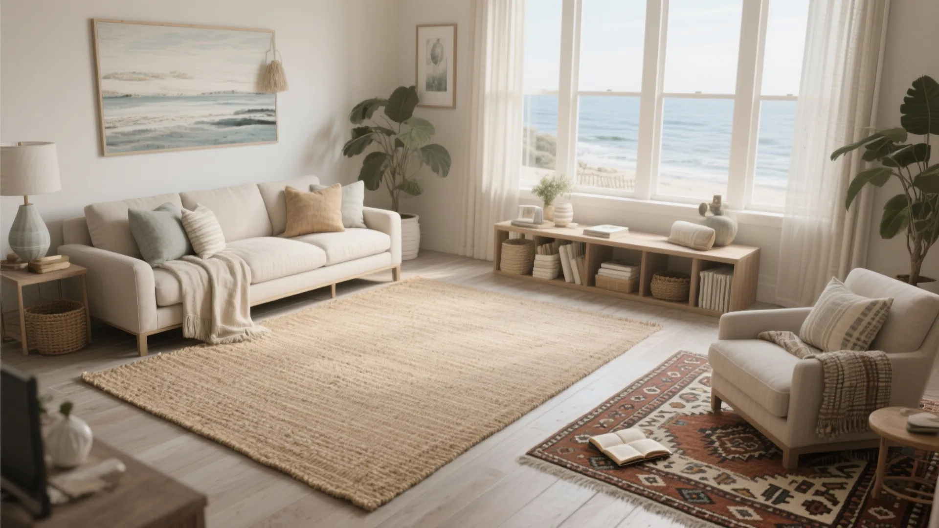 Bright living room with two floor rugs white sofa armchair and view of the ocean