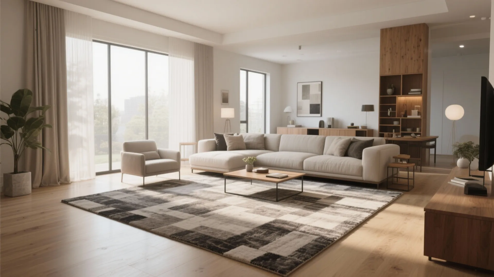 Modern bright living room with large area rug white sofa coffee table and floor plants