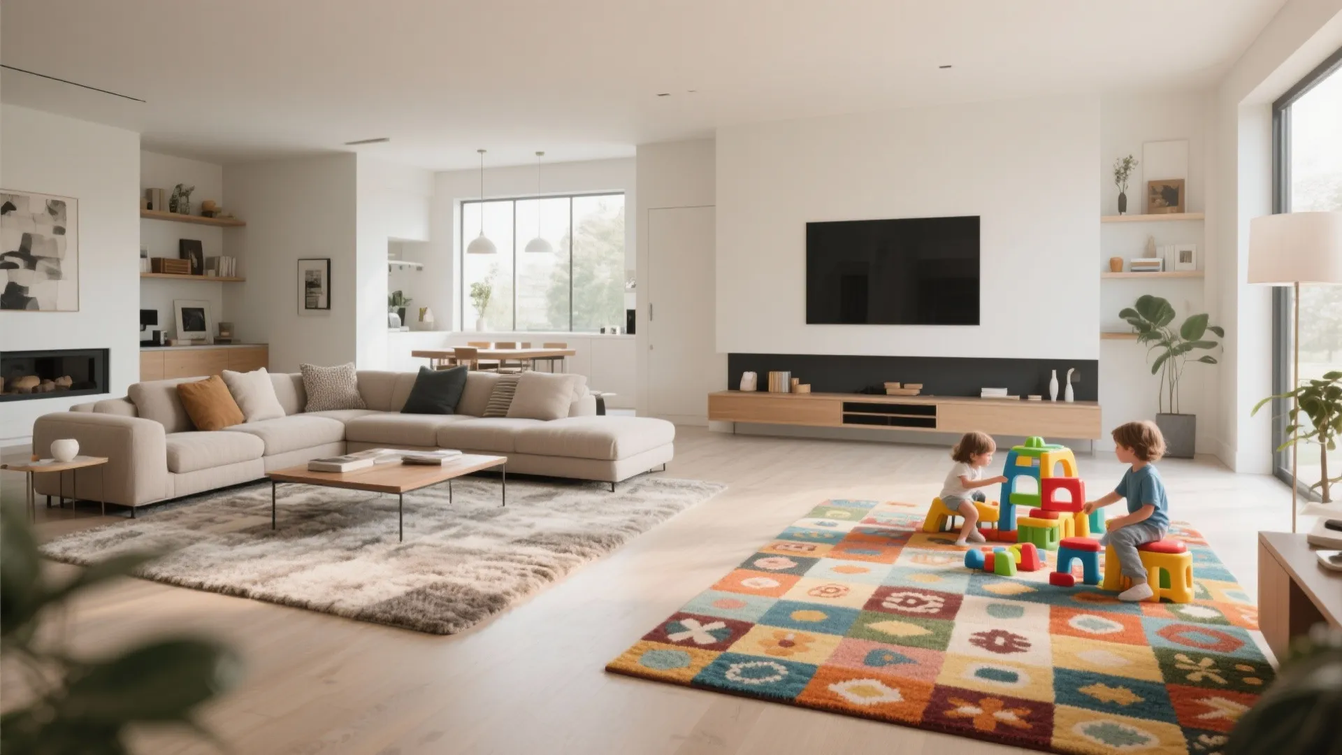 Modern open plan living room with large grey sofa colorful rug and children playing toys