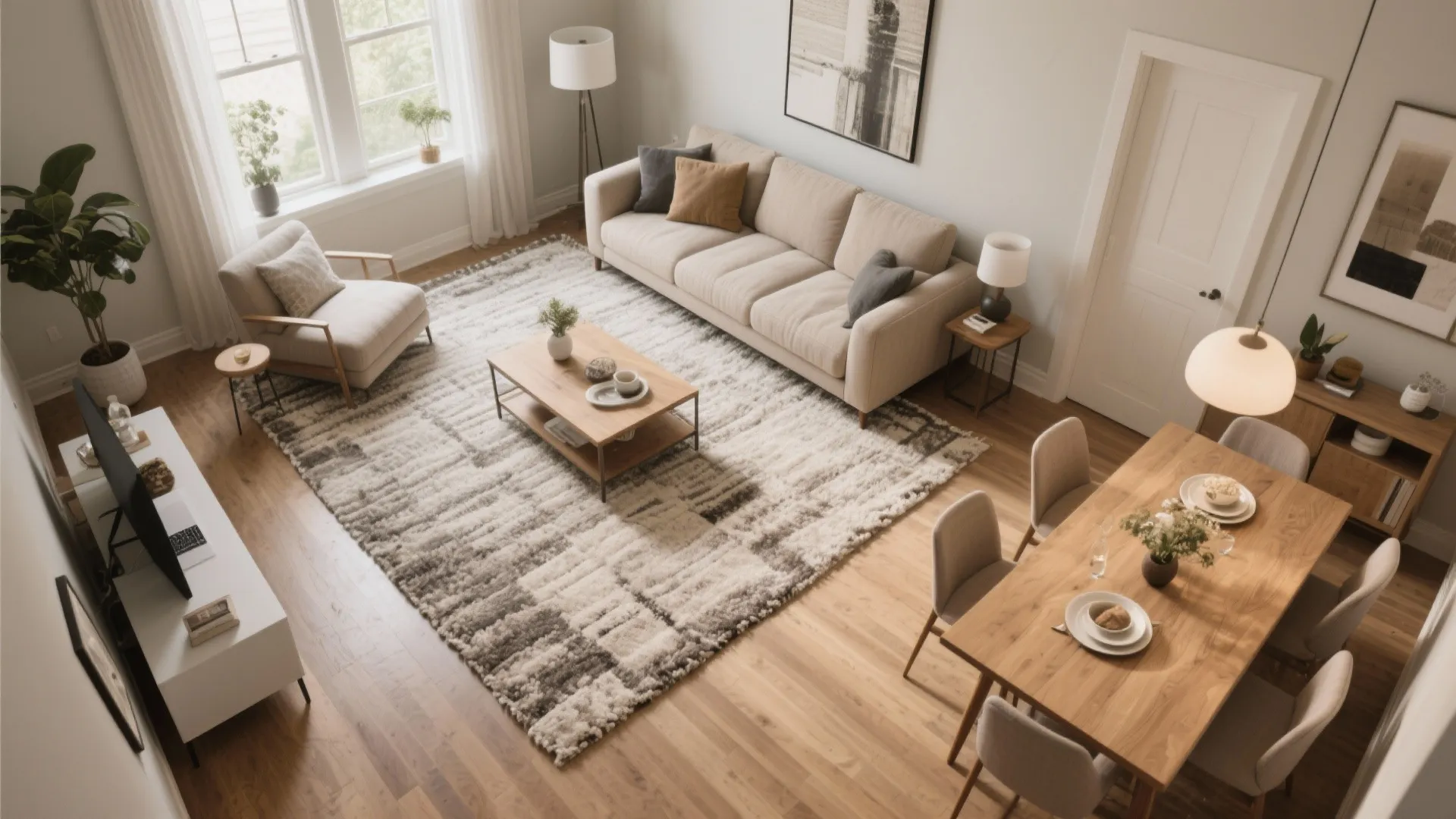 Bright open room layout with a large textured rug under the sofa and wooden table