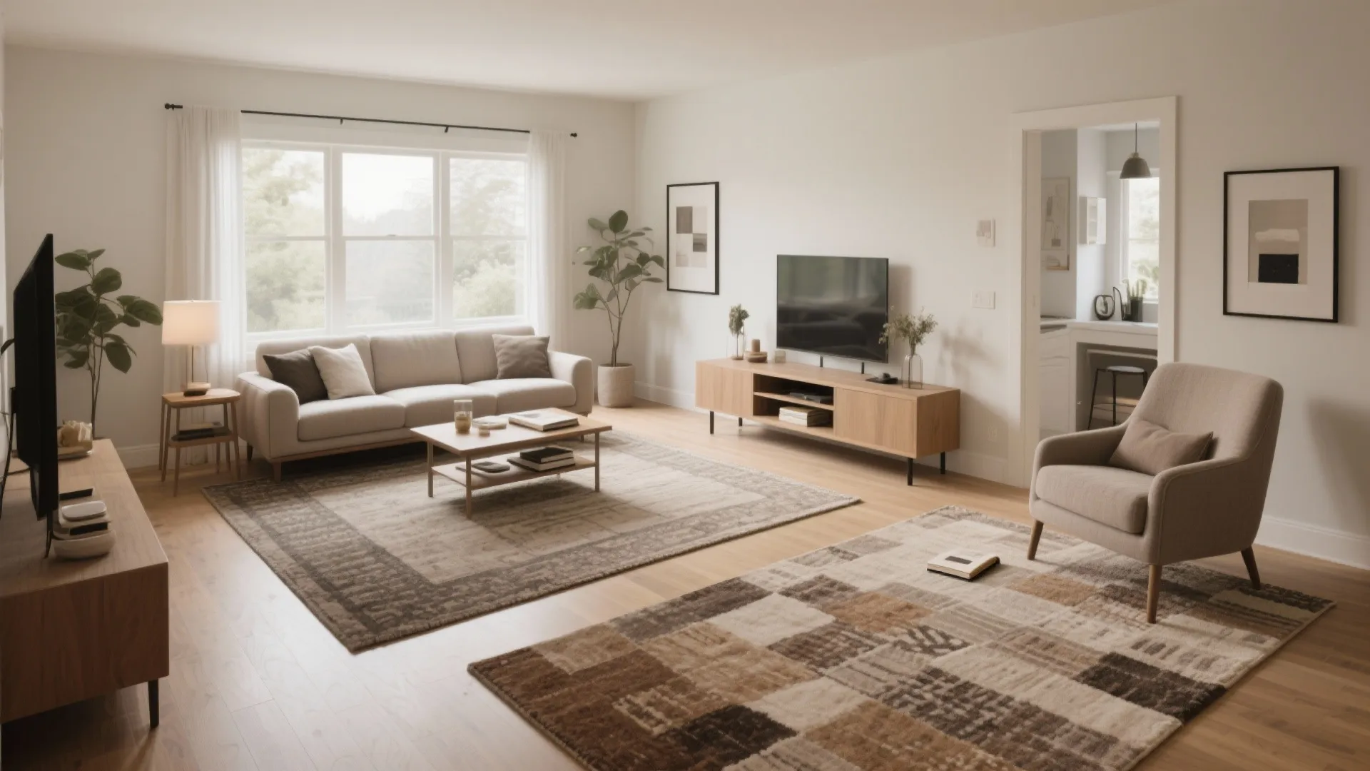 Bright open living area using two different rugs to separate sofa seating and television space
