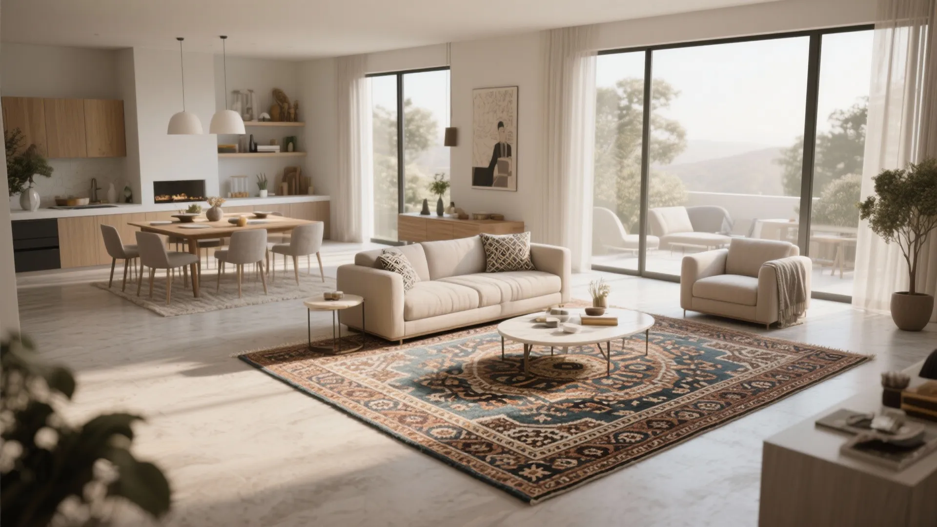 Spacious open living room with cream sofa patterned rug dining table and large glass windows