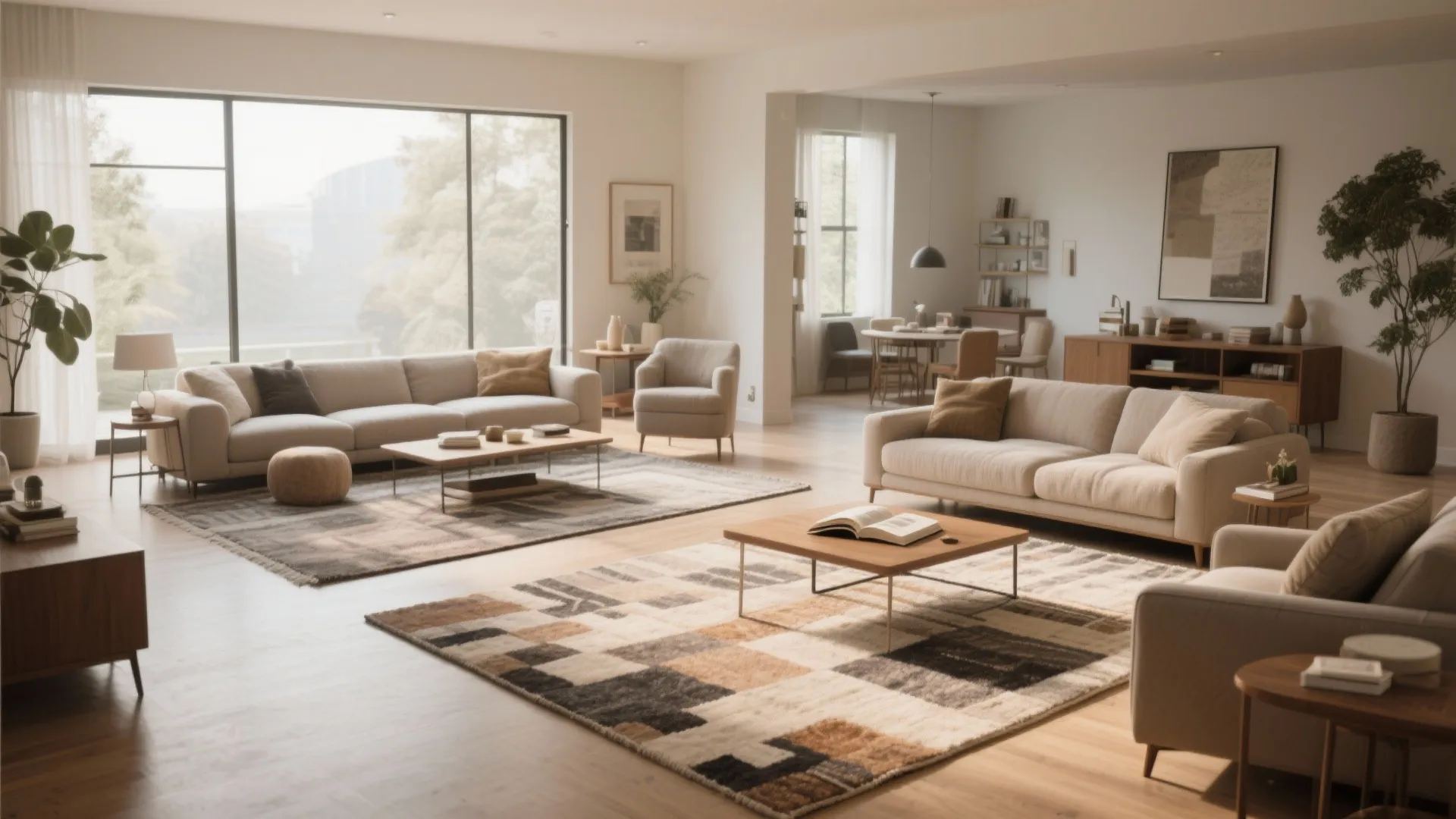 Spacious living room with beige sofas wooden coffee tables large windows and patterned floor rugs design