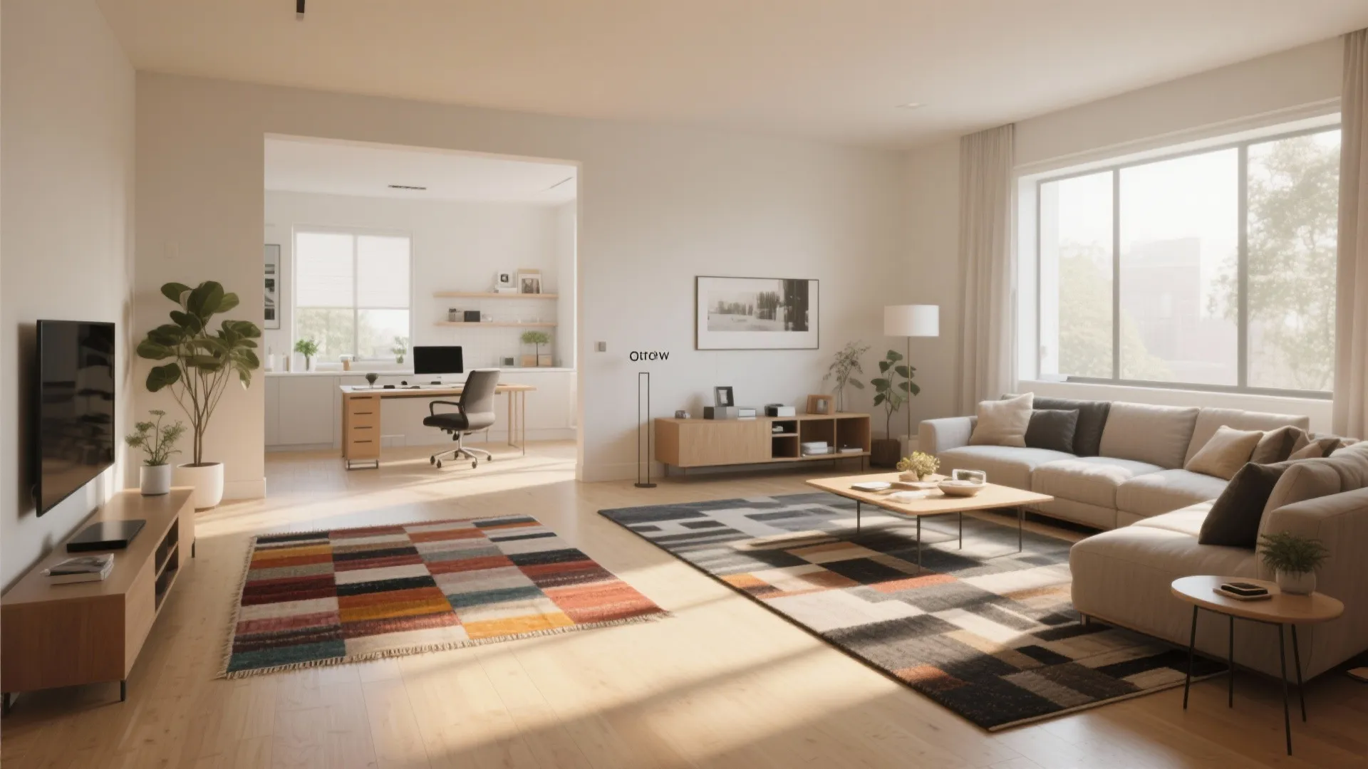 Modern open living room with colorful rug sofa wooden coffee table and home office view