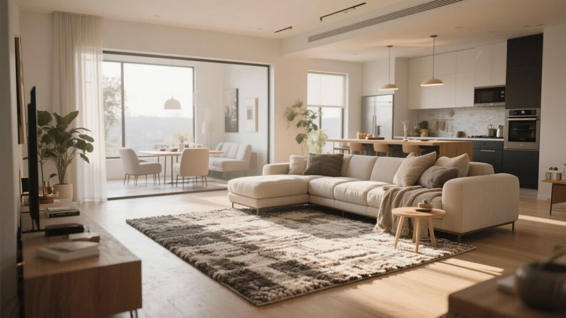 Large rug defining a cozy seating area in open plan