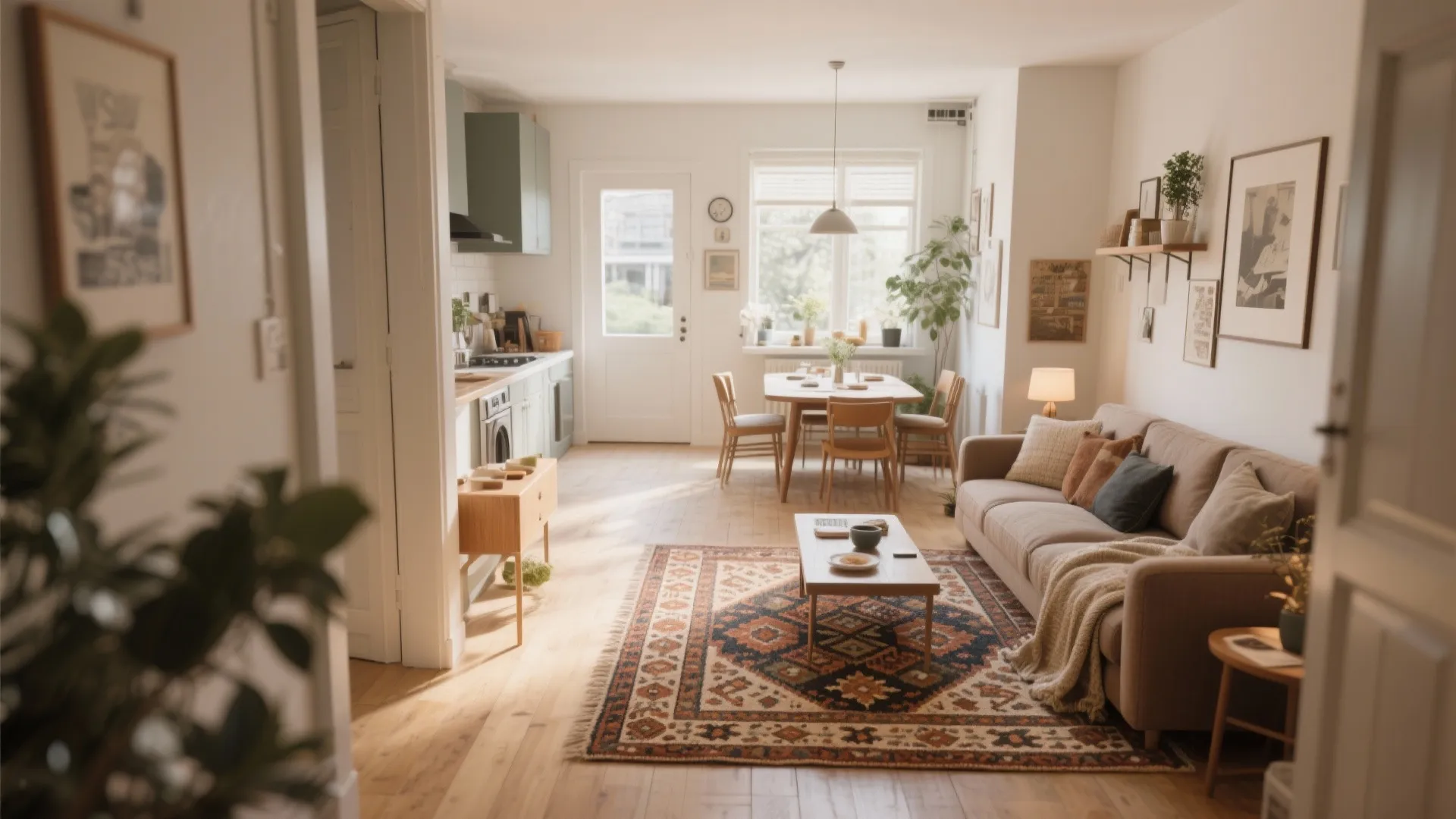 Open plan living area featuring patterned floor rug, beige sofa, and wooden dining table set