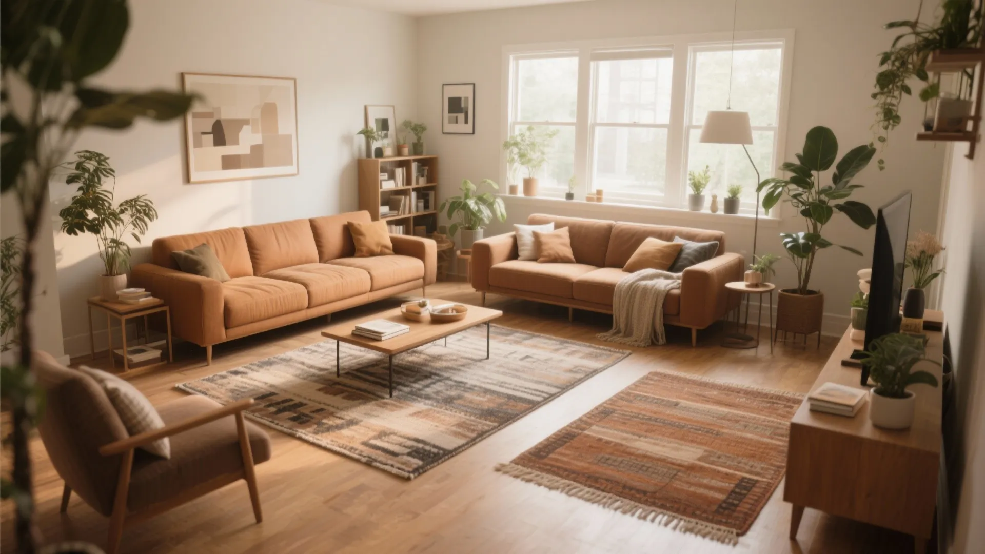 Warm living room using patterned rugs to define space with brown sofas and green plants