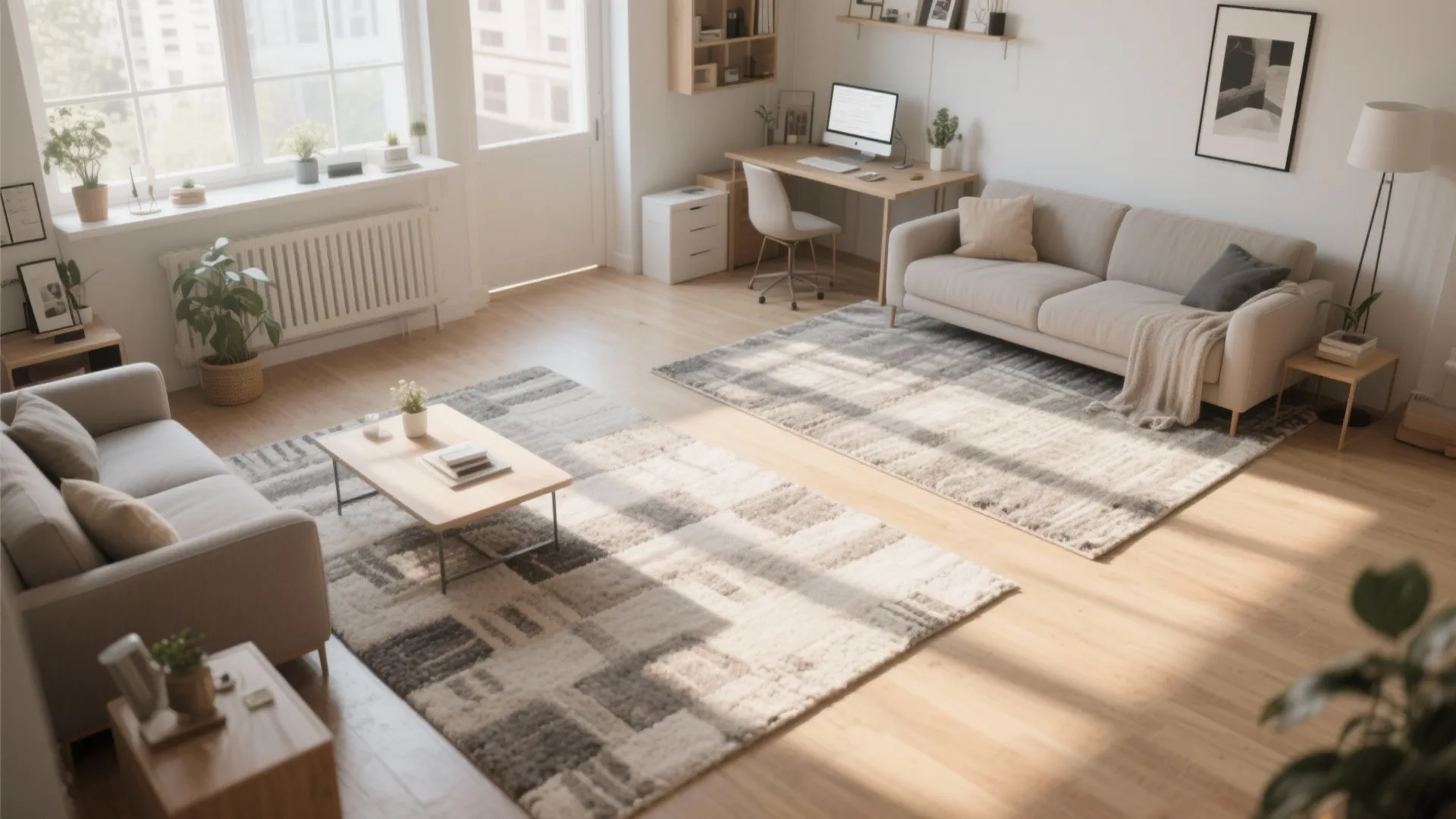 Two area rugs defining separate zones in small living room