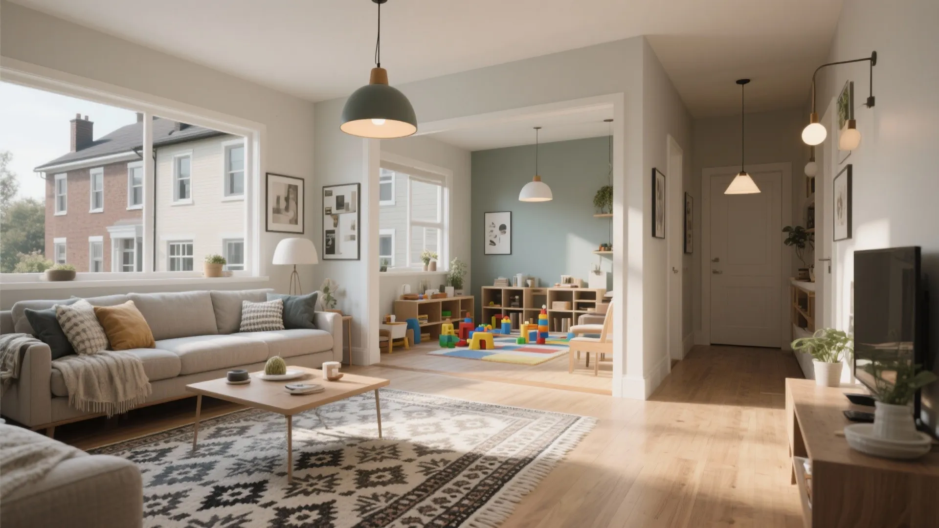 Townhouse living room zoned with rugs and pendant lights