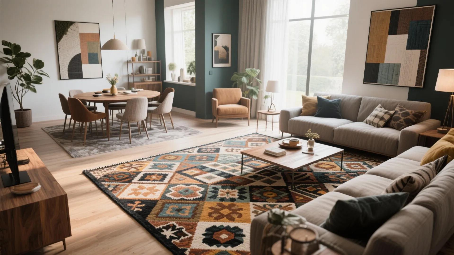 Modern open plan living room featuring colorful patterned rug wooden dining table and grey fabric sofa