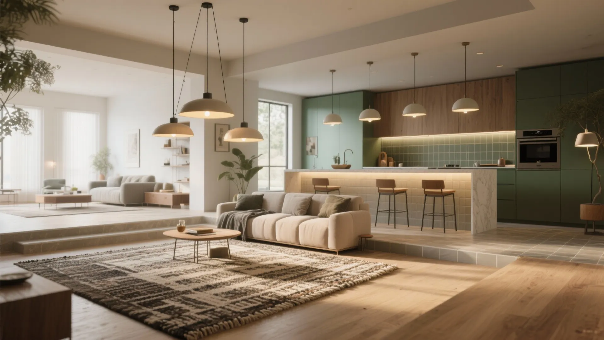 2. Zoning without Walls: Rugs, lighting, and levels