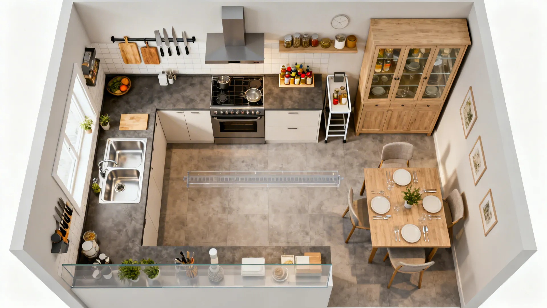Top down view of kitchen layout with grey counters wooden cabinet and set dining table