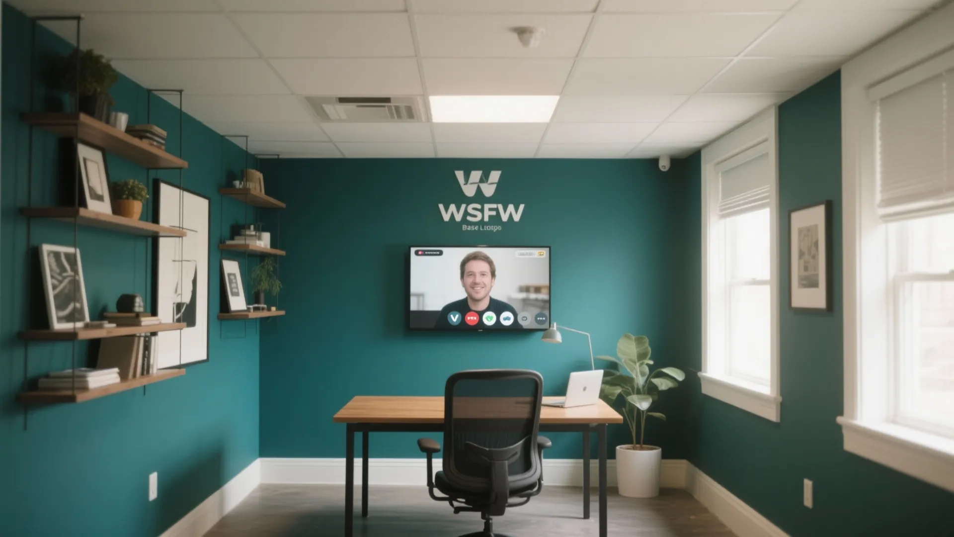 Home office with teal wall, wooden desk, black chair, and TV showing video call screen
