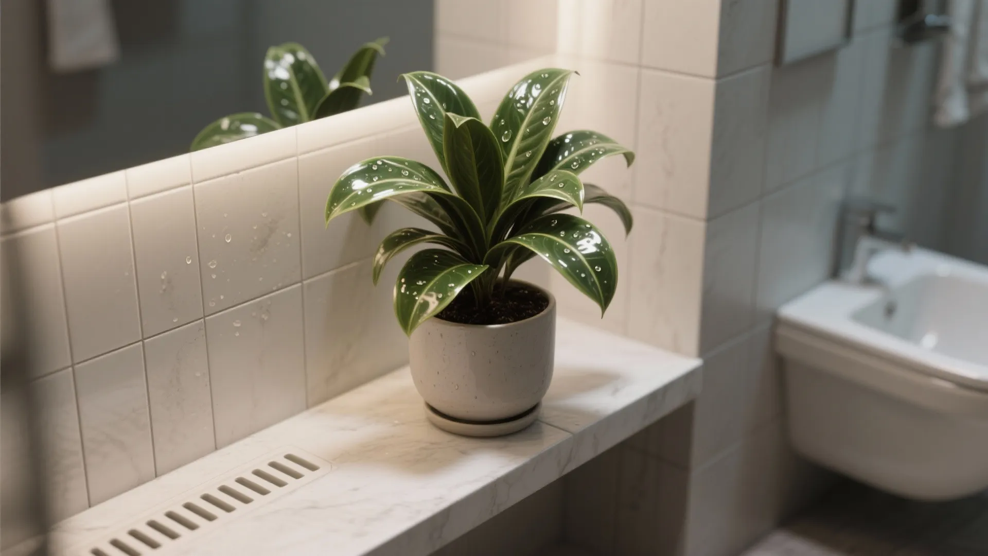 ZZ plant on a slim bathroom ledge with glossy sculptural leaves.