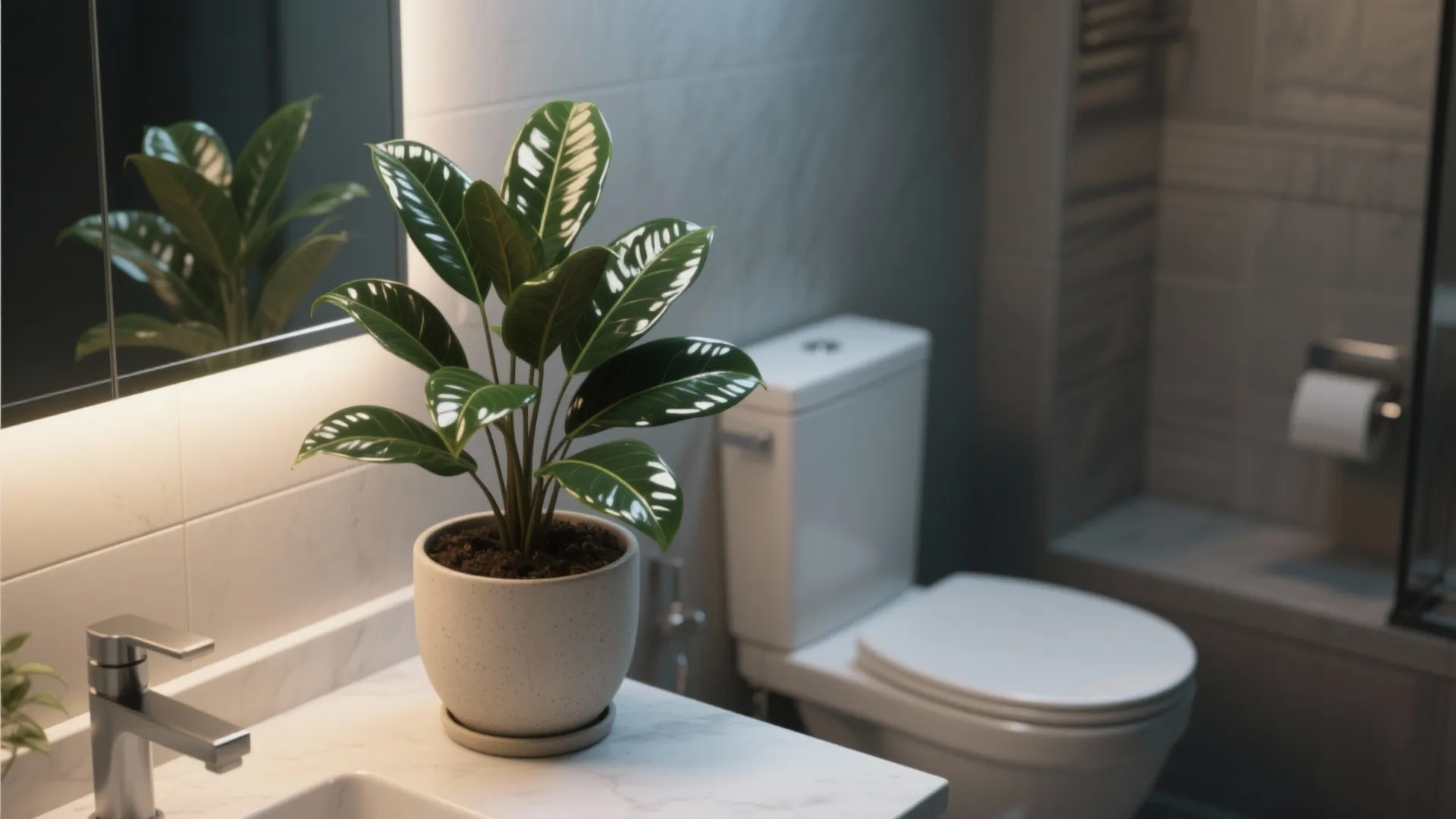 Green leafy plant in ceramic pot on white marble sink next to a white toilet bowl