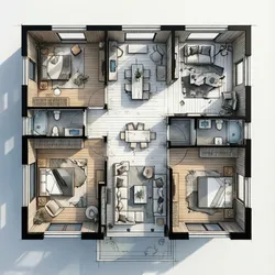 Interior design drawing showing a three bedroom apartment layout with wooden floors and living room