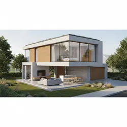 Modern white house with outdoor living area including sofa and dining table next to trees