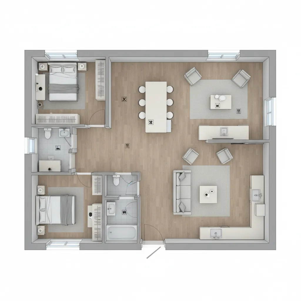 top view layout of a 1000 sq ft ranch floor plan with open living and two bedrooms