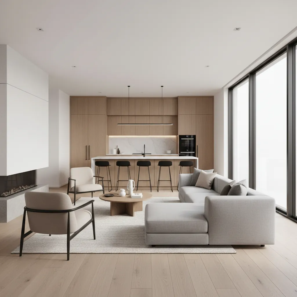 Modern open living room and kitchen area with wooden cabinets grey sofa and large windows