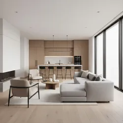 Modern open living room and kitchen area with wooden cabinets grey sofa and large windows
