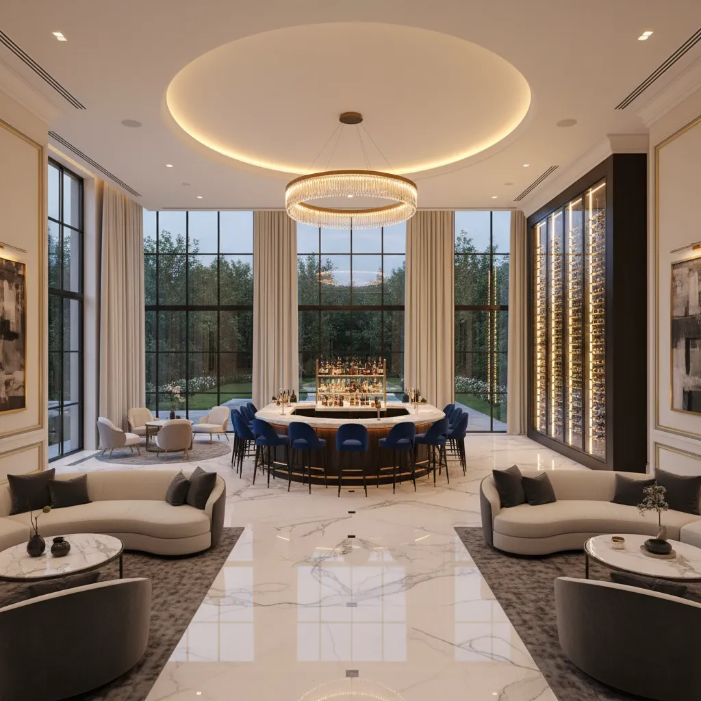 Large entertainment lounge inside a 10000 sq ft mansion