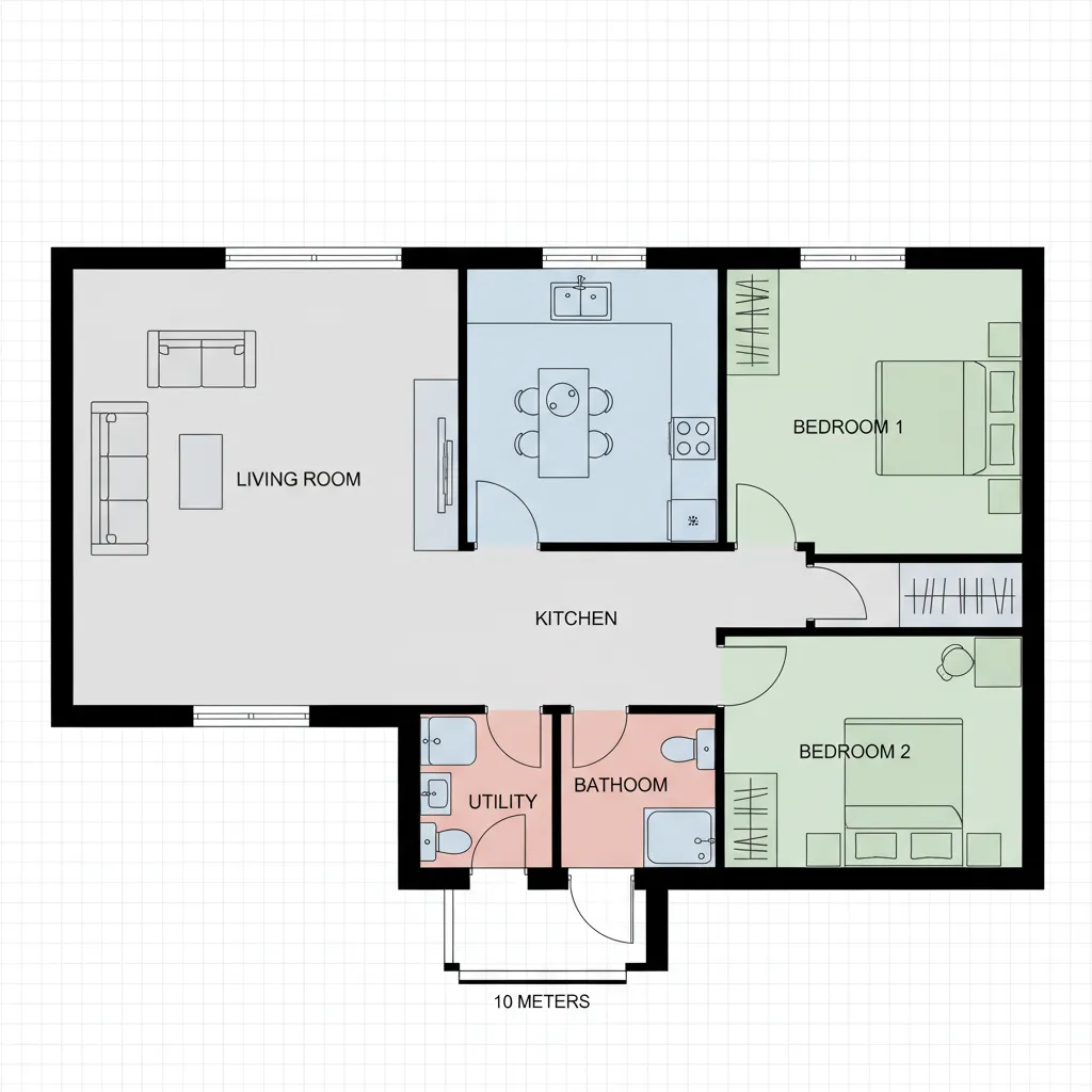 Colored 2D floor plan showing living room kitchen two bedrooms utility room bathroom and entrance