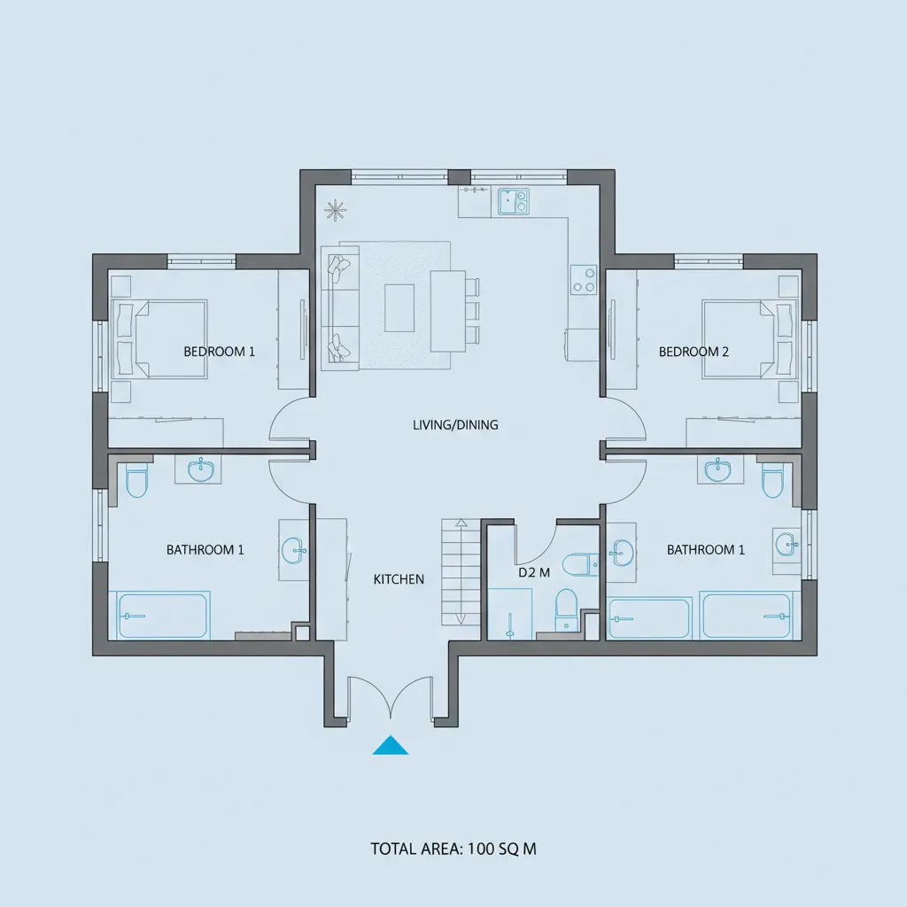 Plano de distribución de una casa de 100 metros cuadrados